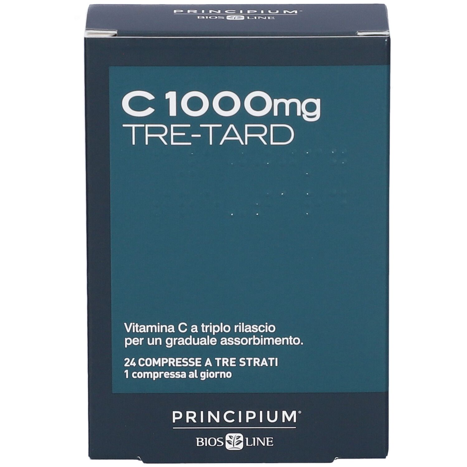 Dunkelblaue Schachtel. Aufschrift: C 1000mg TRE-TARD. Marke: PRINCIPIUM. 24 Tabletten. Text in italienischer Sprache.
