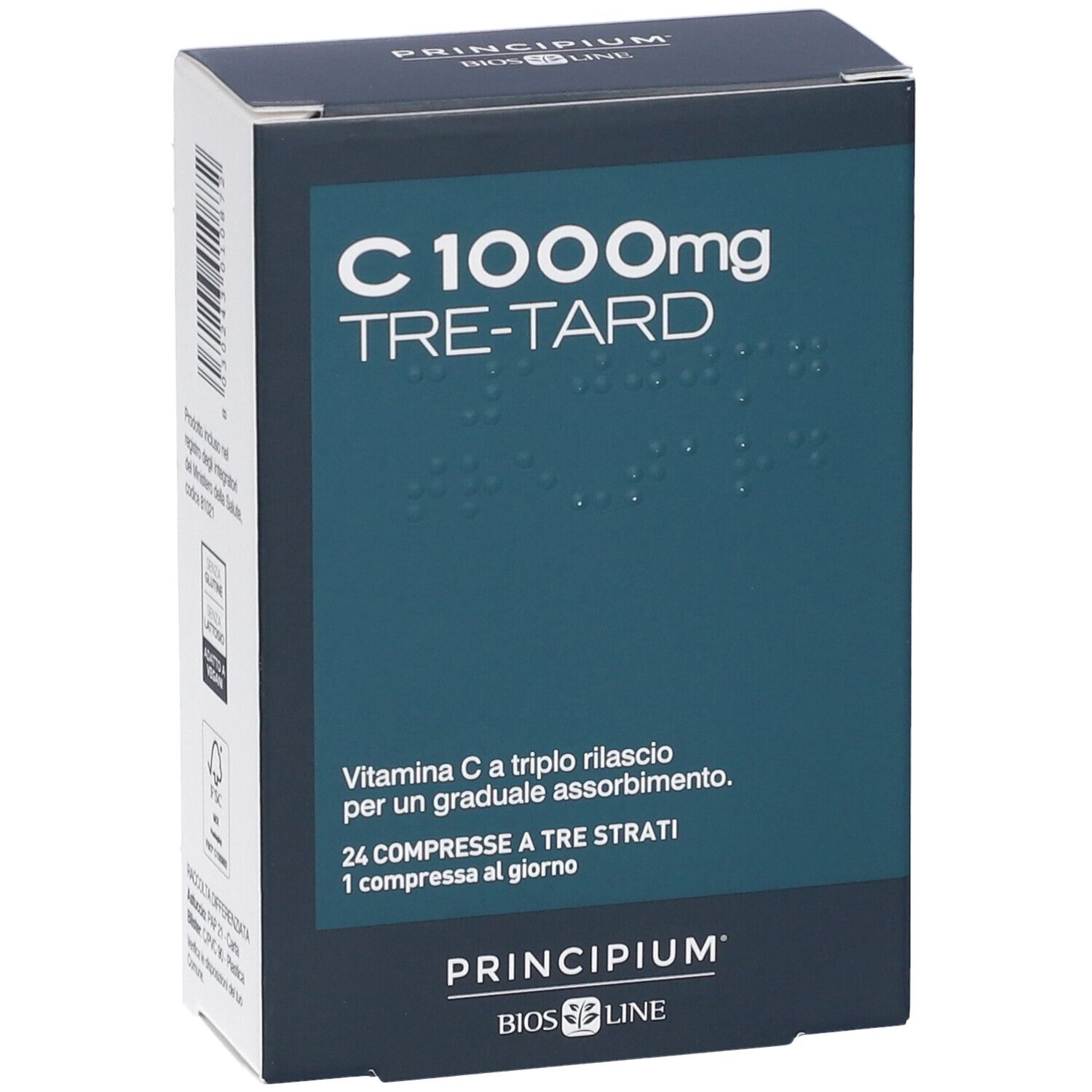 Dunkelblaue Schachtel. Aufschrift: C 1000mg TRE-TARD. Marke: PRINCIPIUM. 24 Tabletten. Text in italienischer Sprache.