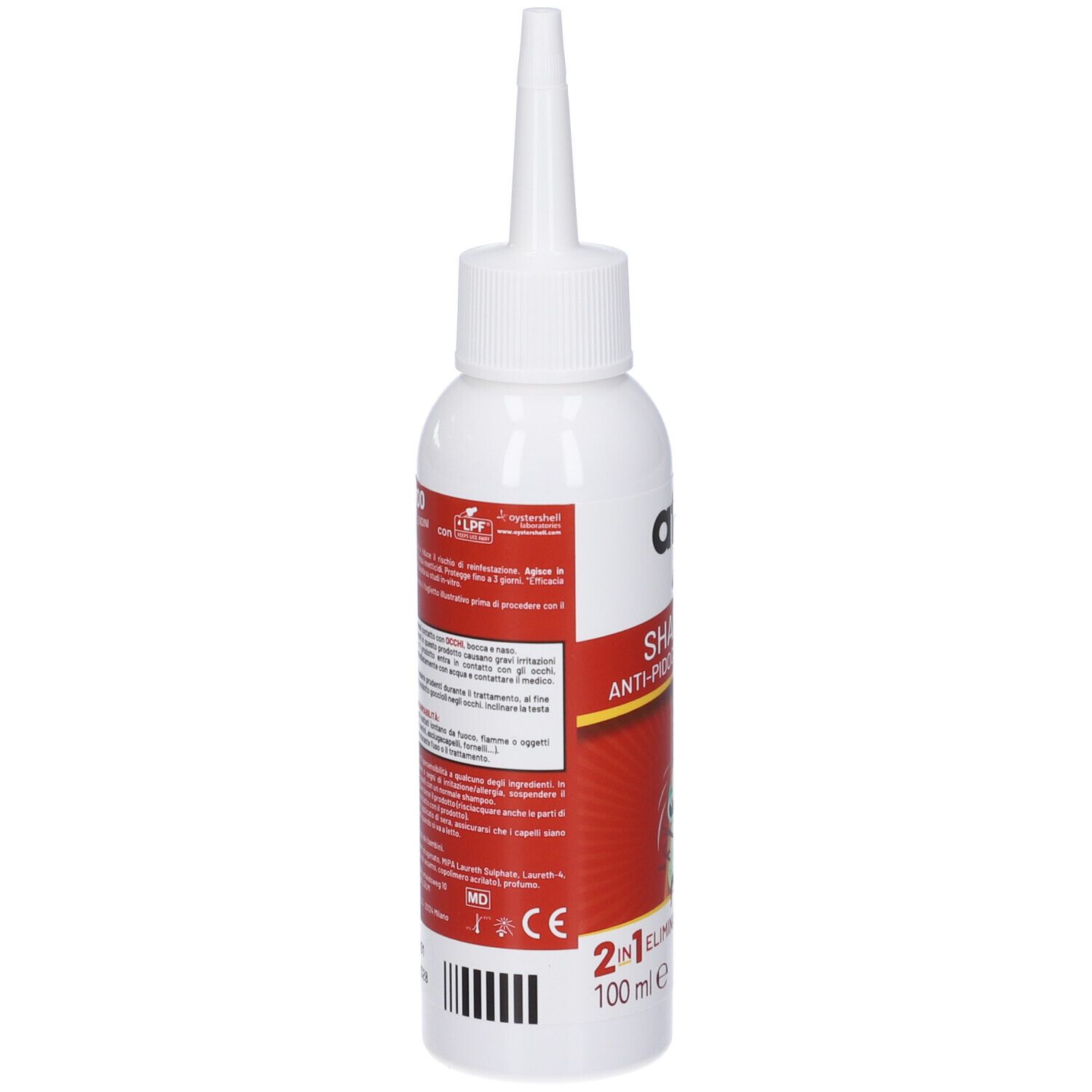Weiße Flasche mit rotem Etikett, 100 ml.