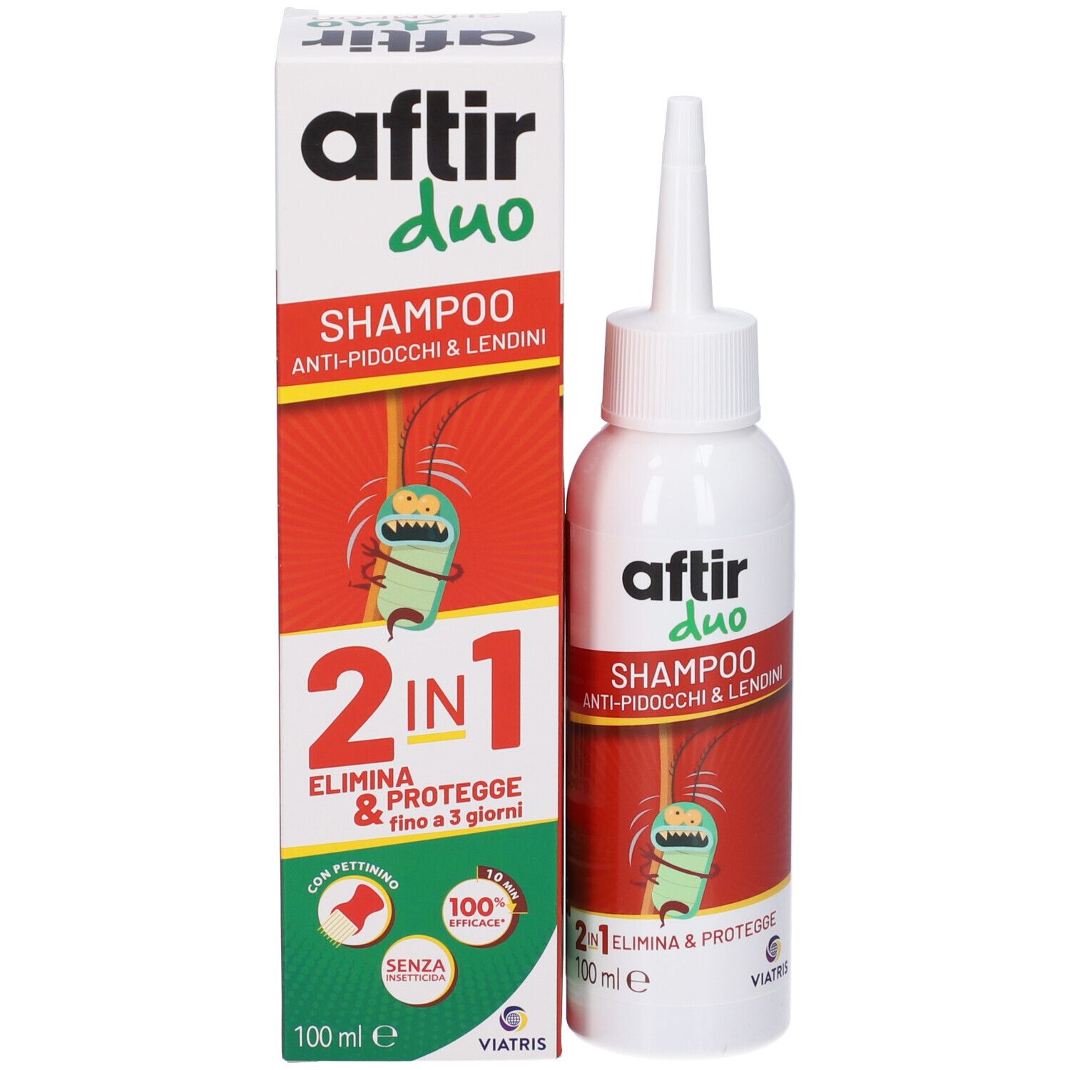 Flasche und Karton für Aftir Duo Shampoo gegen Läuse.