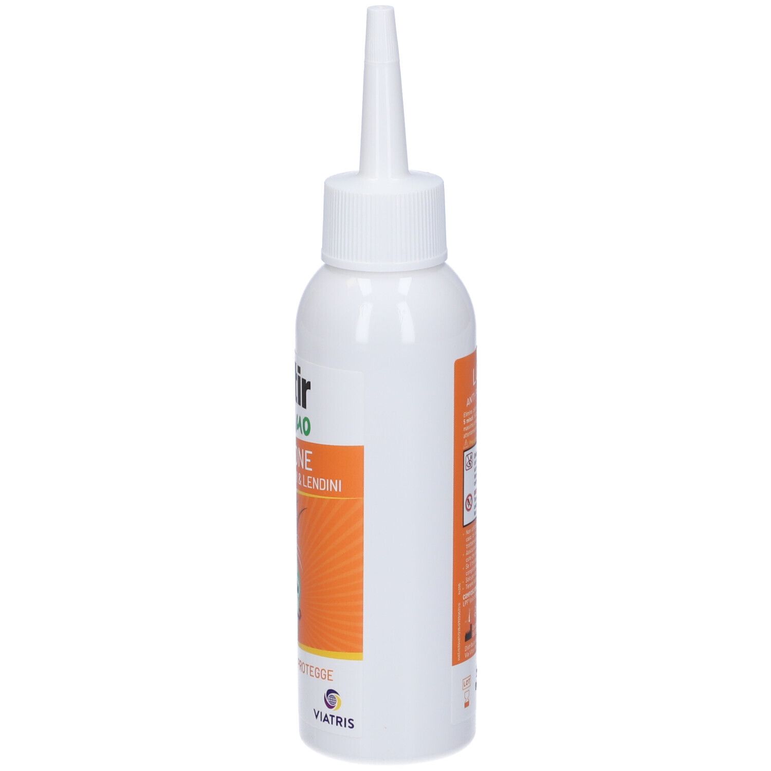 Flasche mit weißem Applikator, Aufschrift 'AFTIR DUO LOZIONE PEDICULOSI & LENDINI'.