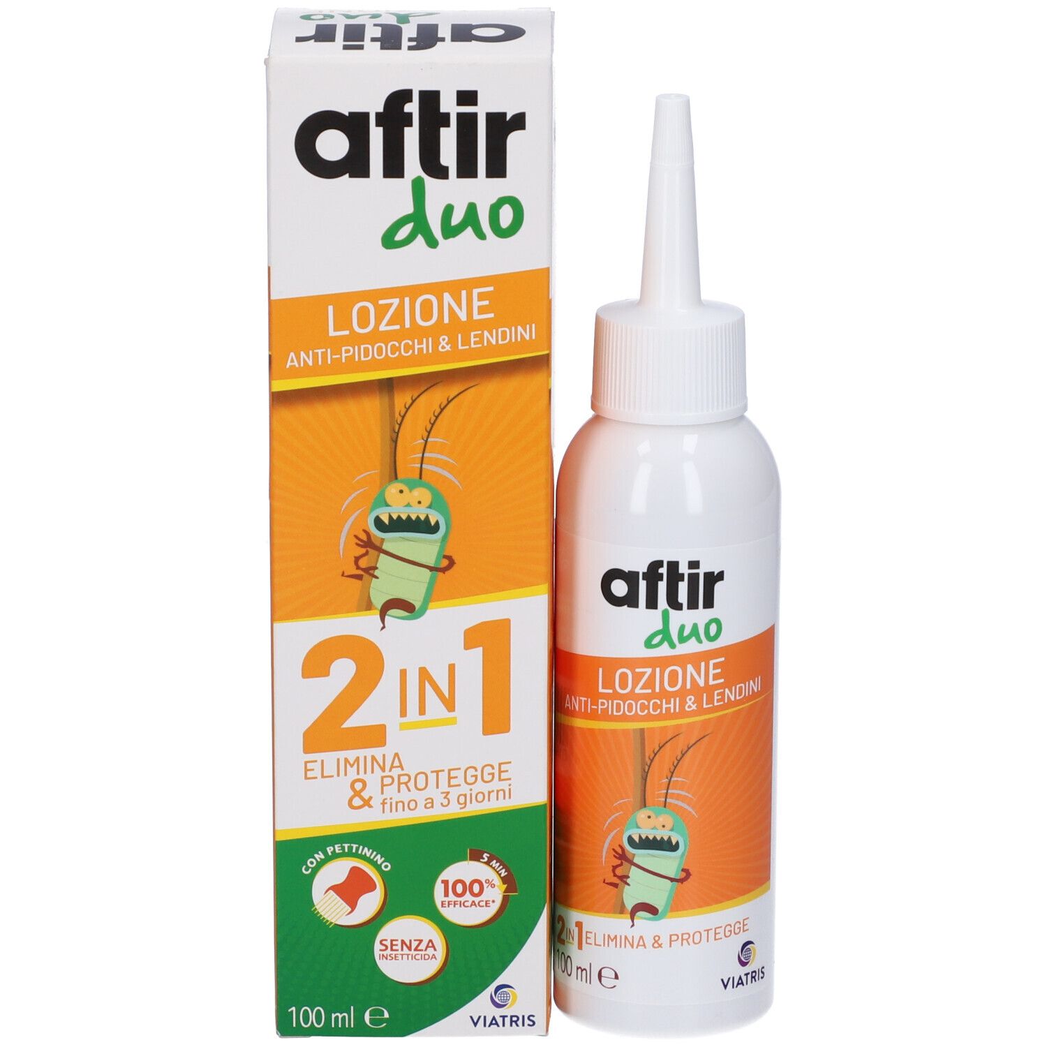 Aftir Duo Lotion Flasche und Karton, 100ml, zur Bekämpfung von Läusen und Nissen.
