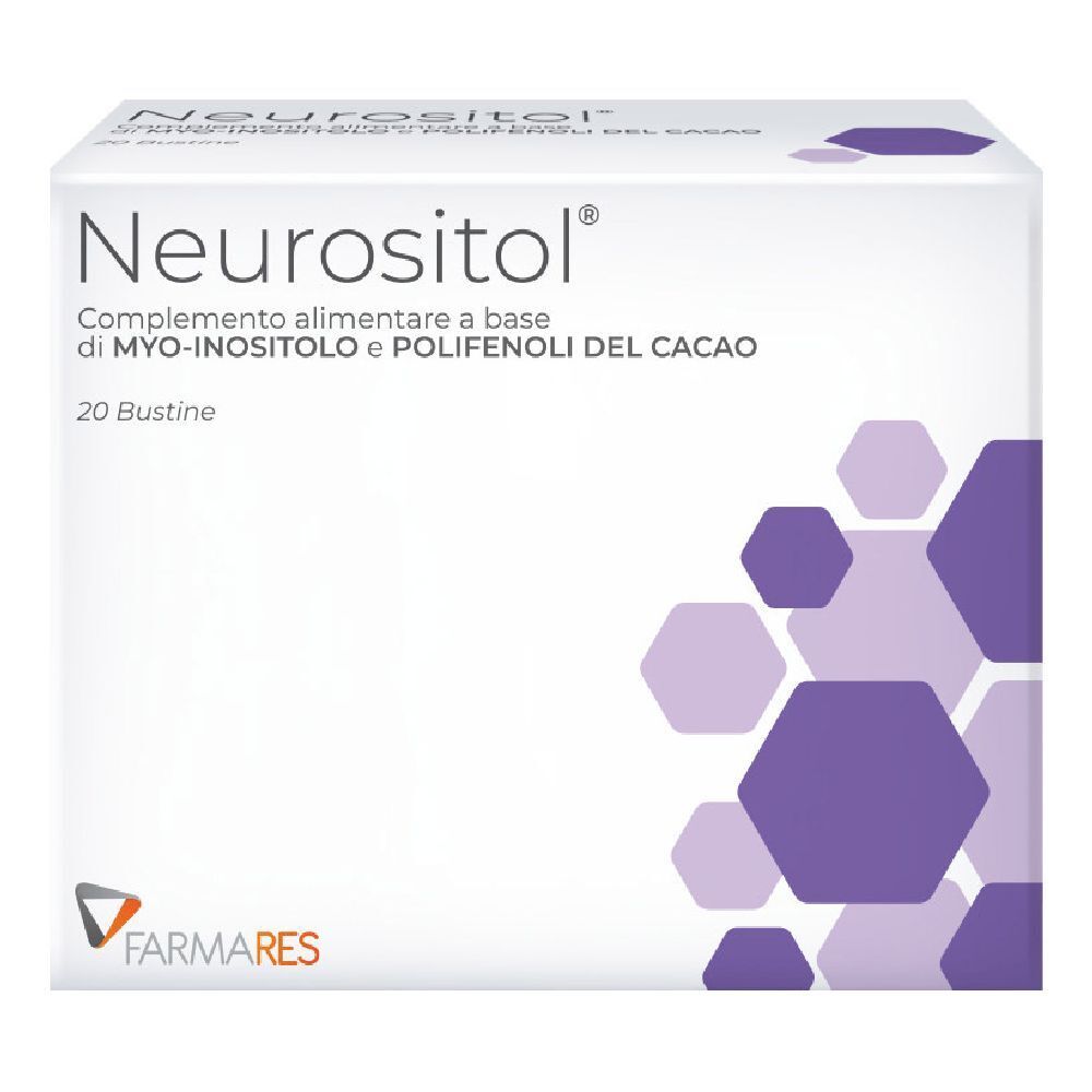 Scatola "Neurositol". Integratore alimentare a base di myo-inositolo e polifenoli del cacao. 20 bustine. Design esagonale viola.