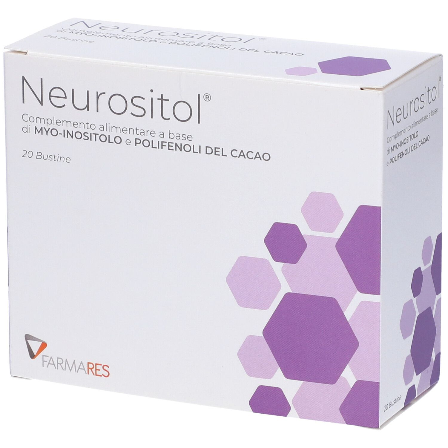 Scatola "Neurositol" in prospettiva. Integratore alimentare a base di myo-inositolo e polifenoli del cacao. 20 bustine. Design esagonale viola.