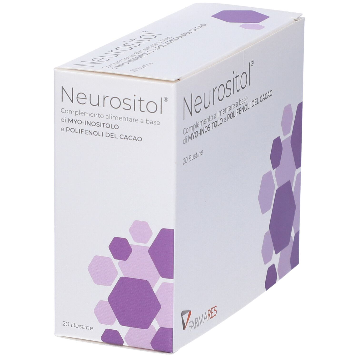 Scatola "Neurositol" in prospettiva. Integratore alimentare a base di myo-inositolo e polifenoli del cacao. 20 bustine. Design esagonale viola.