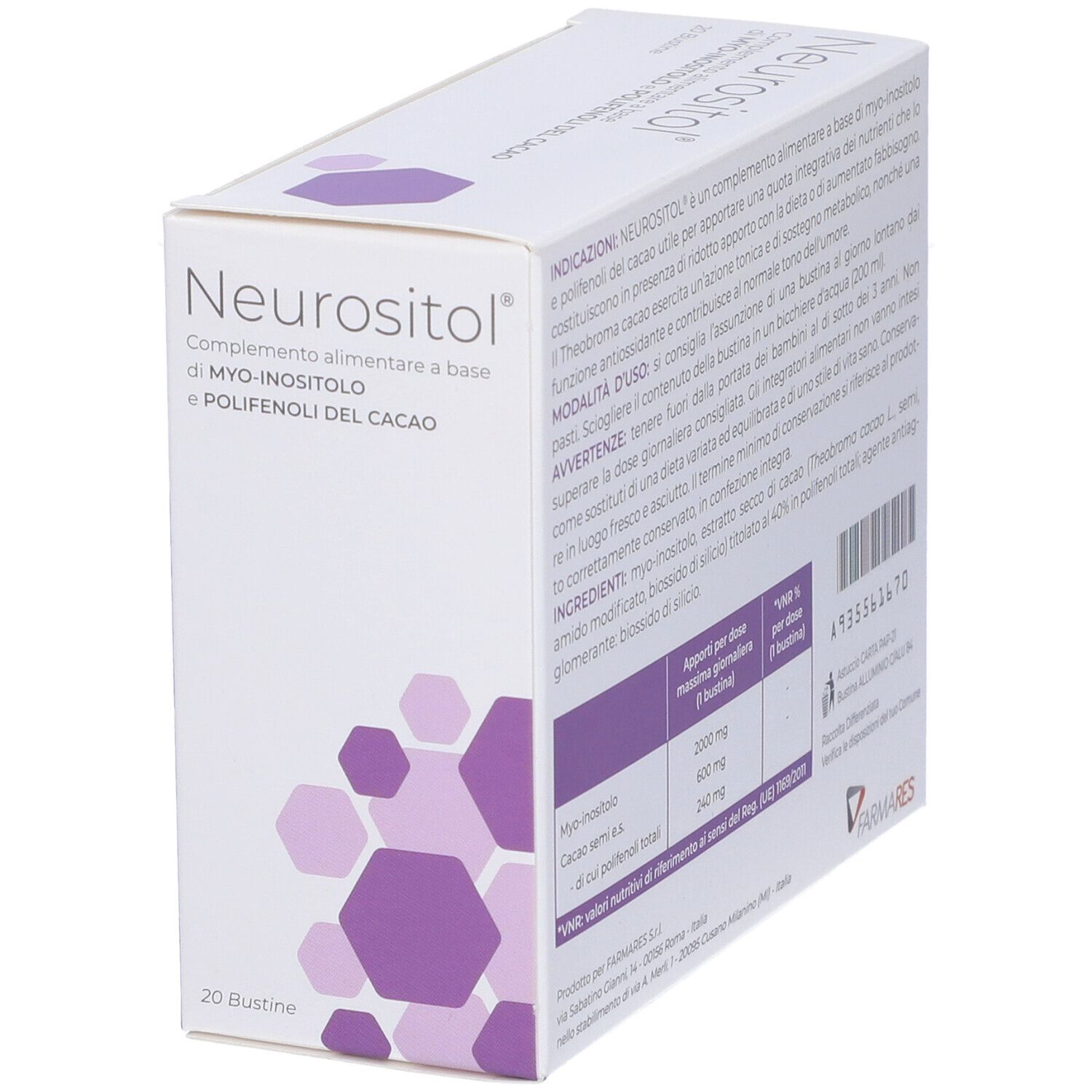 Scatola "Neurositol" in prospettiva. Integratore alimentare a base di myo-inositolo e polifenoli del cacao. 20 bustine. Design esagonale viola.
