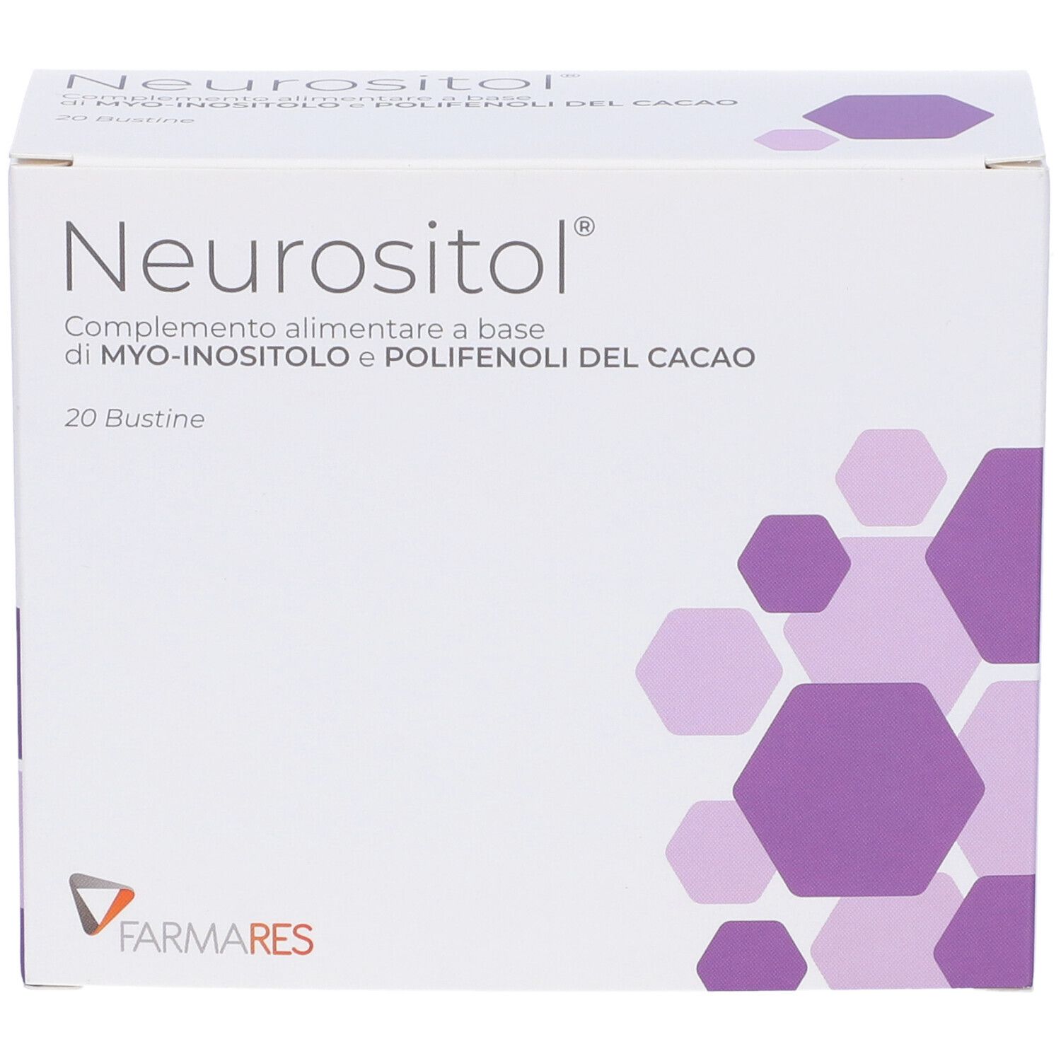 Scatola "Neurositol". Integratore alimentare a base di myo-inositolo e polifenoli del cacao. 20 bustine. Design esagonale viola.