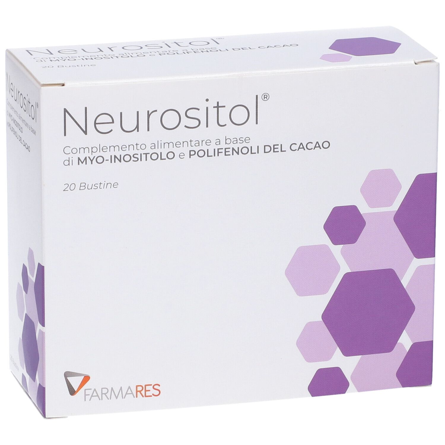 Scatola "Neurositol" in prospettiva. Integratore alimentare a base di myo-inositolo e polifenoli del cacao. 20 bustine. Design esagonale viola.