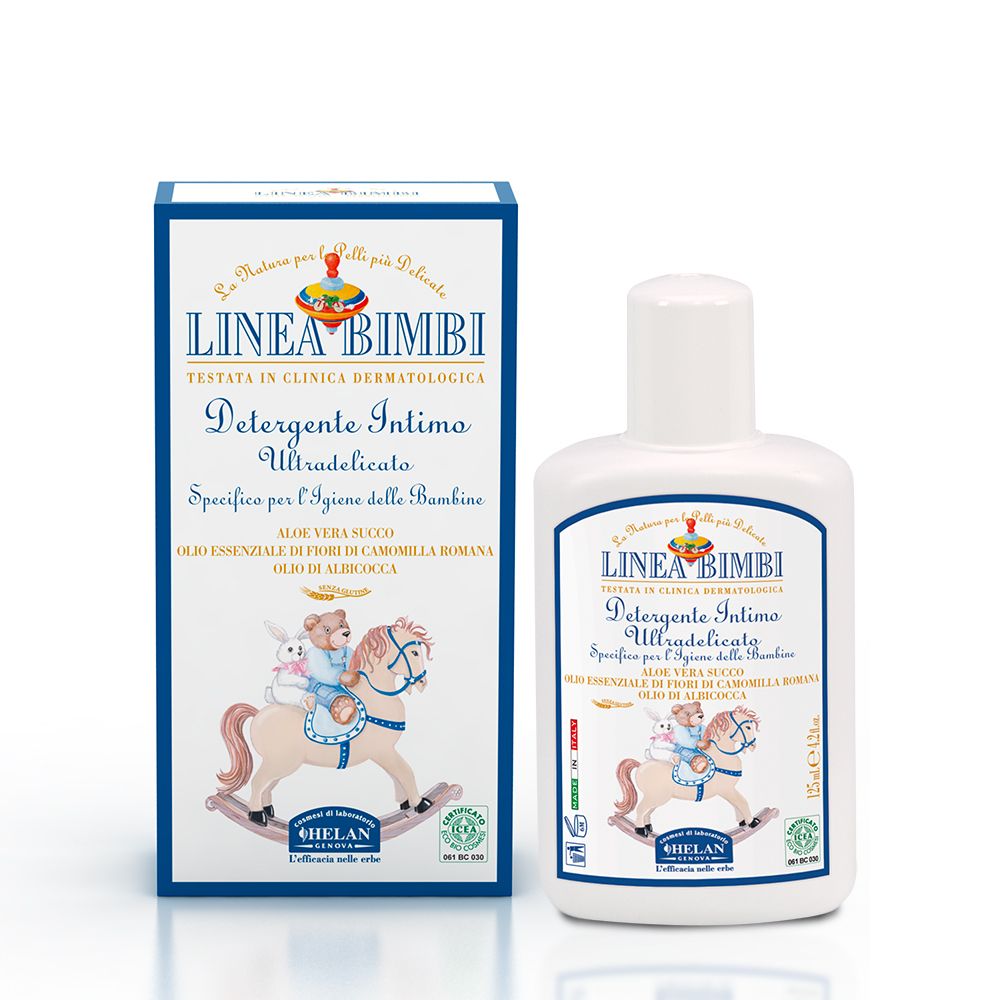 Linea Bimbi Intimo Ultradelicato Reinigungsmittel in weißer Flasche und Kartonverpackung mit Teddybär-Illustration.