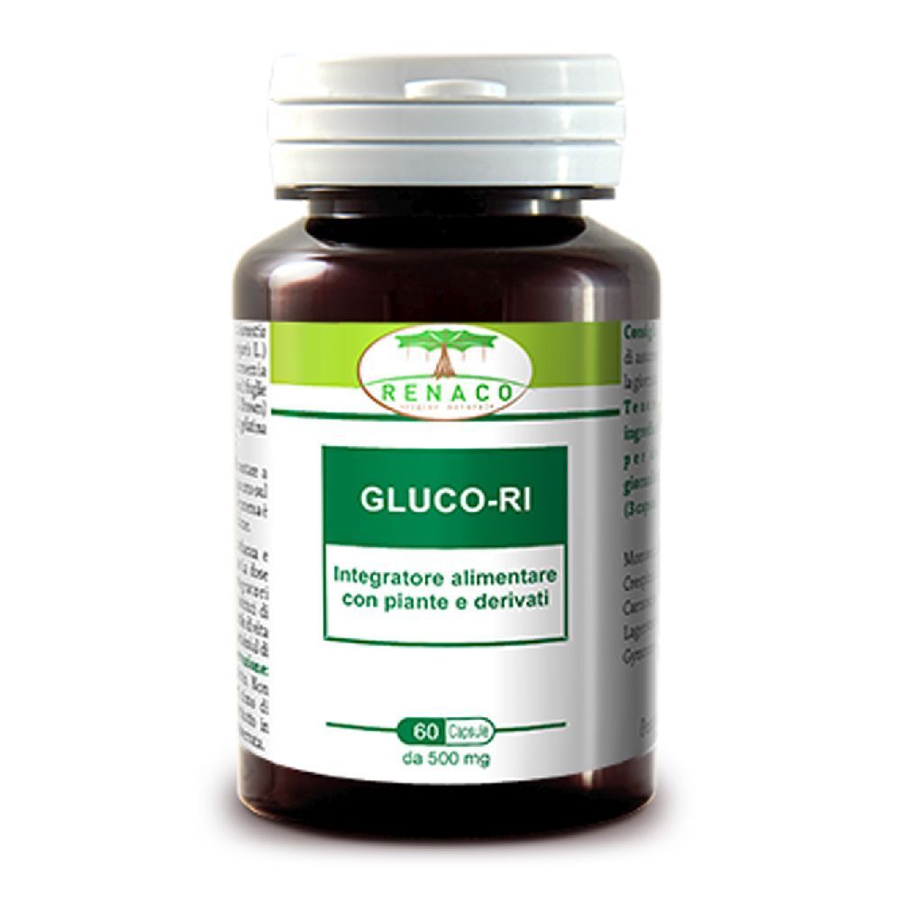 Flacone marrone con tappo bianco. Etichetta con "GLUCO-RI" e "Integratore alimentare". Contiene 60 capsule da 500 mg.