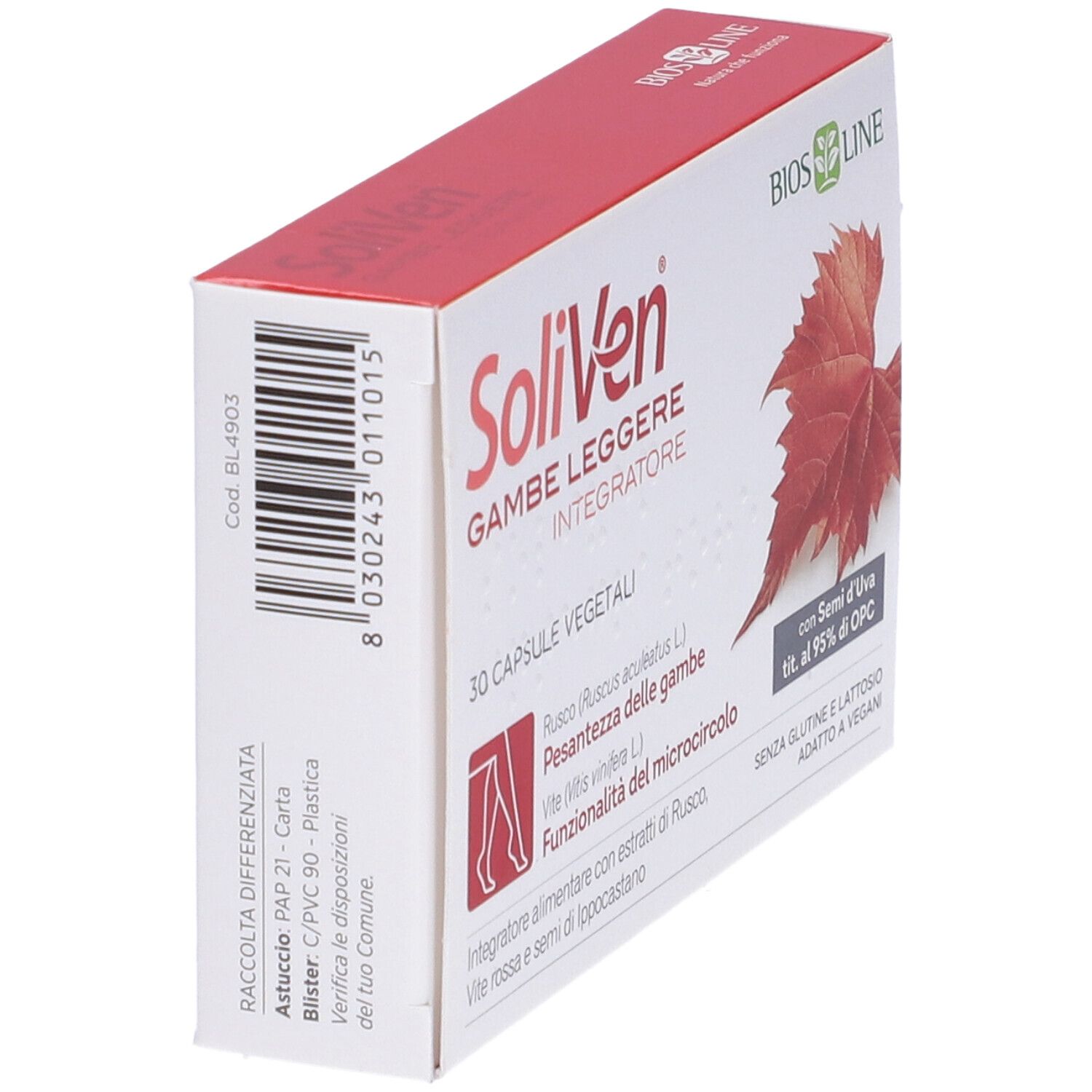Schrägansicht der SoliVen-Verpackung. 30 Kapseln. Enthält Ruscus, Vitis vinifera und Kastaniensamen. Ohne Gluten und Laktose.