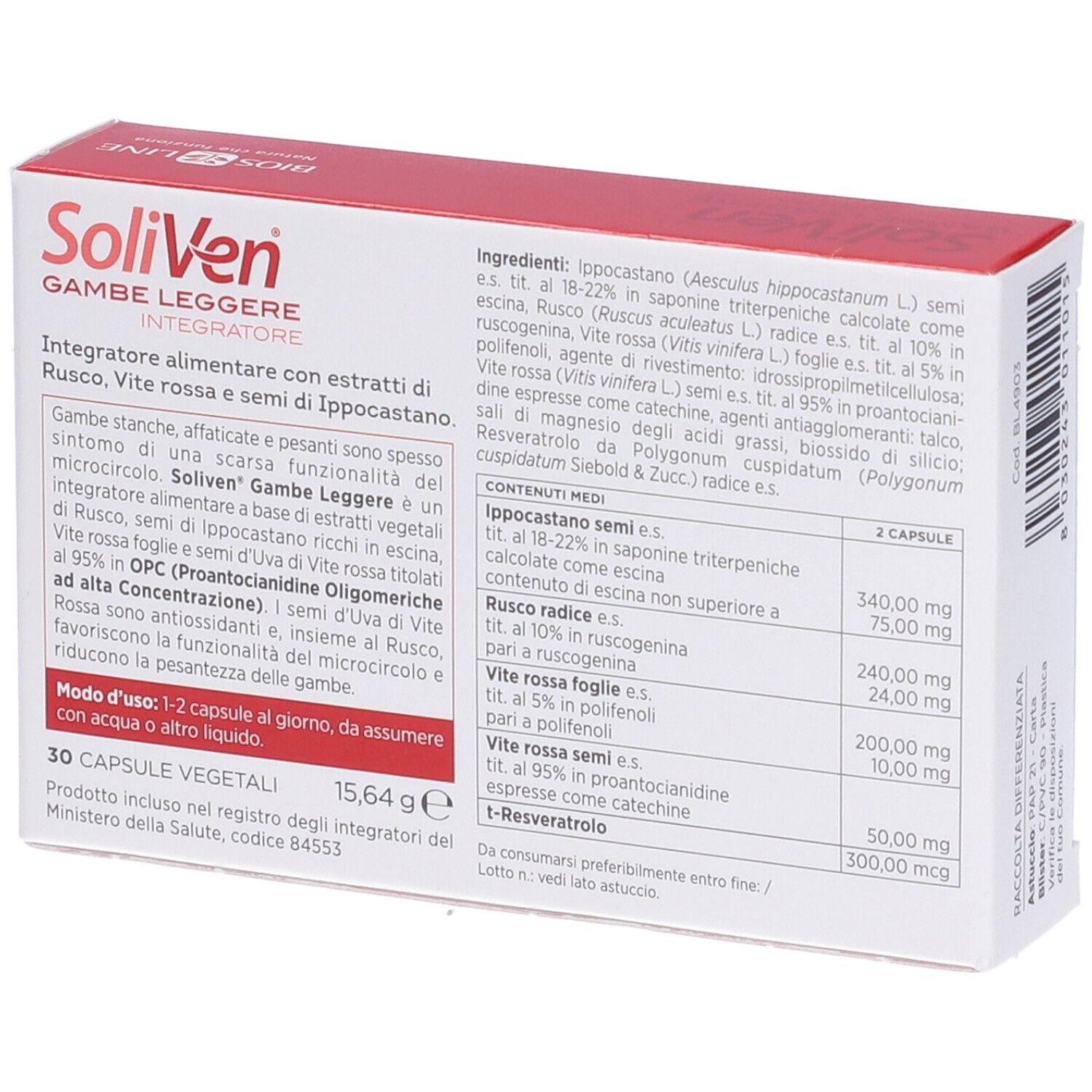 Rückseite der SoliVen-Verpackung. Enthält Inhaltsstoffinformationen und Nährwertangaben. 30 Kapseln.