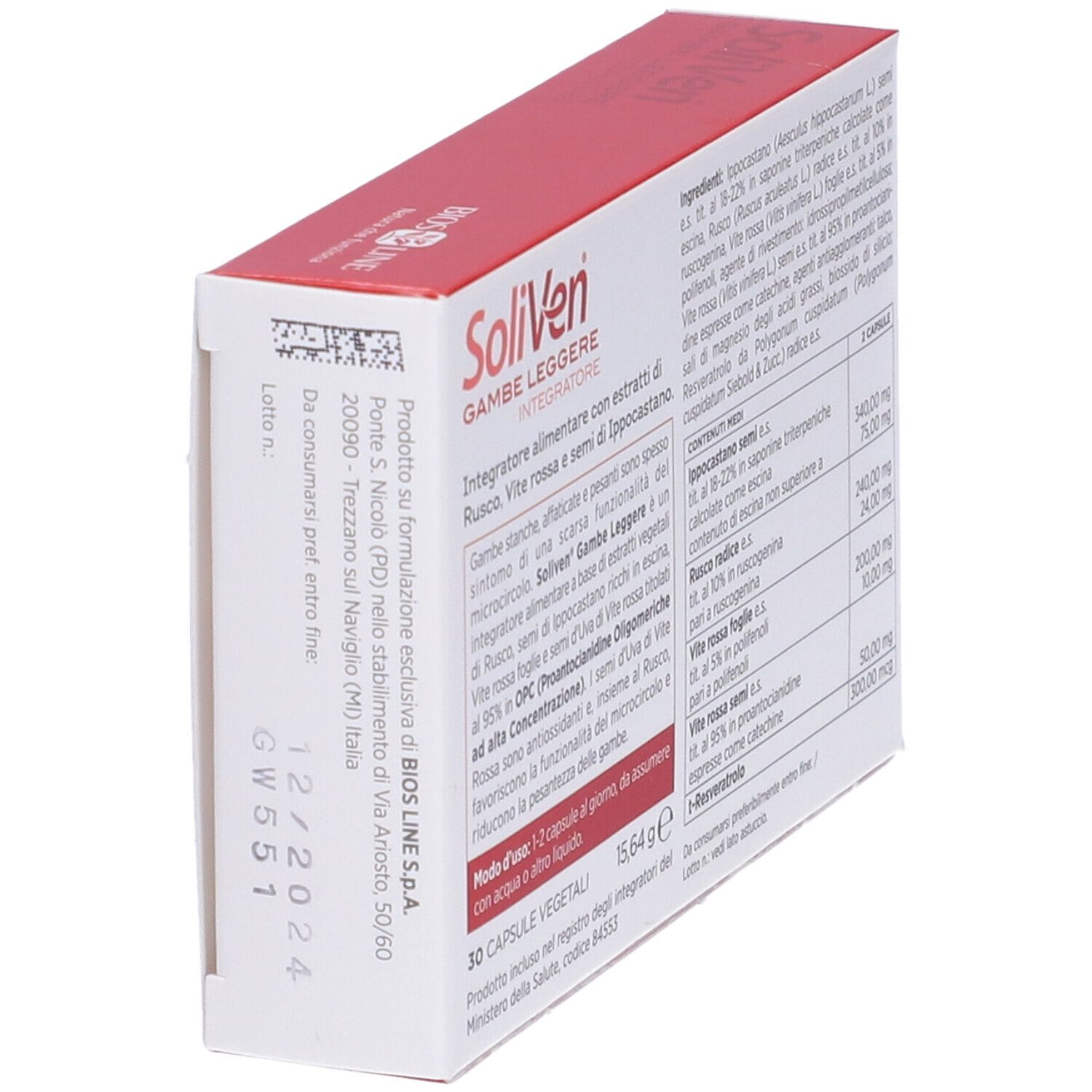 Schrägansicht der SoliVen-Verpackung. Enthält Inhaltsstoffinformationen und Nährwertangaben. 30 Kapseln.