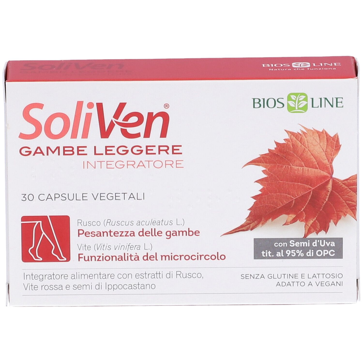 SoliVen-Verpackung, 30 Kapseln. Enthält Ruscus, Vitis vinifera und Kastaniensamen. Ohne Gluten und Laktose.