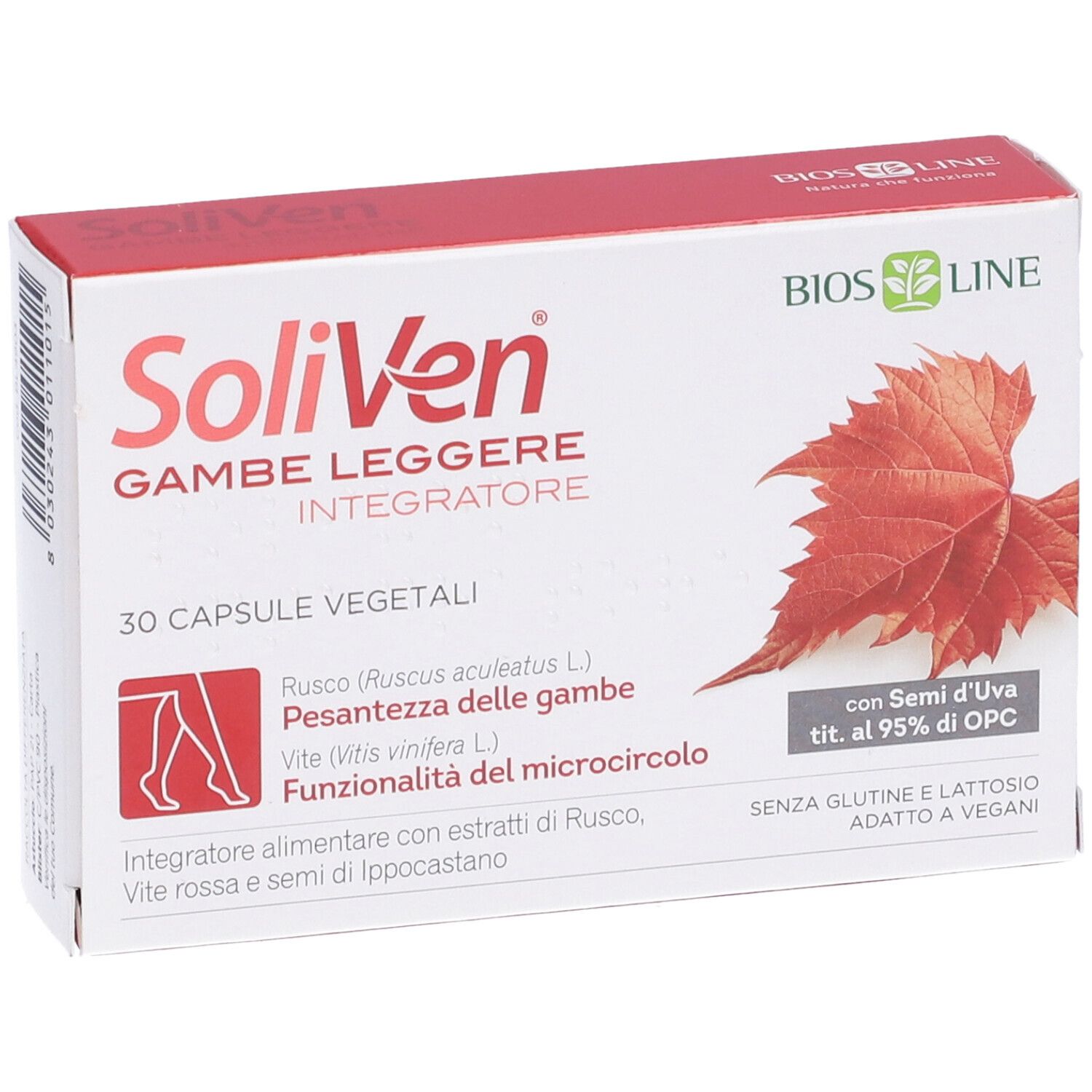 SoliVen-Verpackung, 30 Kapseln. Enthält Ruscus, Vitis vinifera und Kastaniensamen. Ohne Gluten und Laktose.