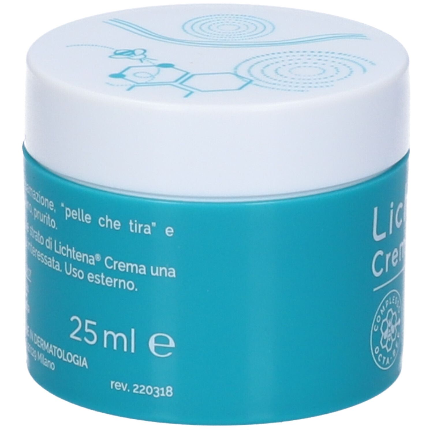 Türkisfarbene Creme-Dose mit weißem Deckel. Aufschrift: Lichtena Crema. Text: 25 ml e. Hersteller: Giuliani.
