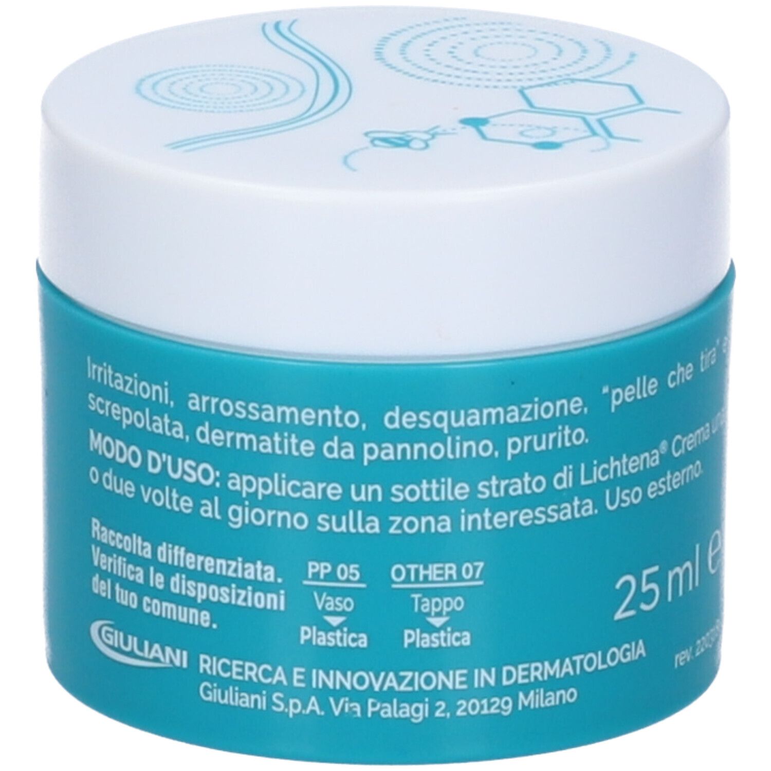 Türkisfarbene Creme-Dose mit weißem Deckel. Aufschrift: Lichtena Crema. Text: 25 ml e. Hersteller: Giuliani. Hinweise.