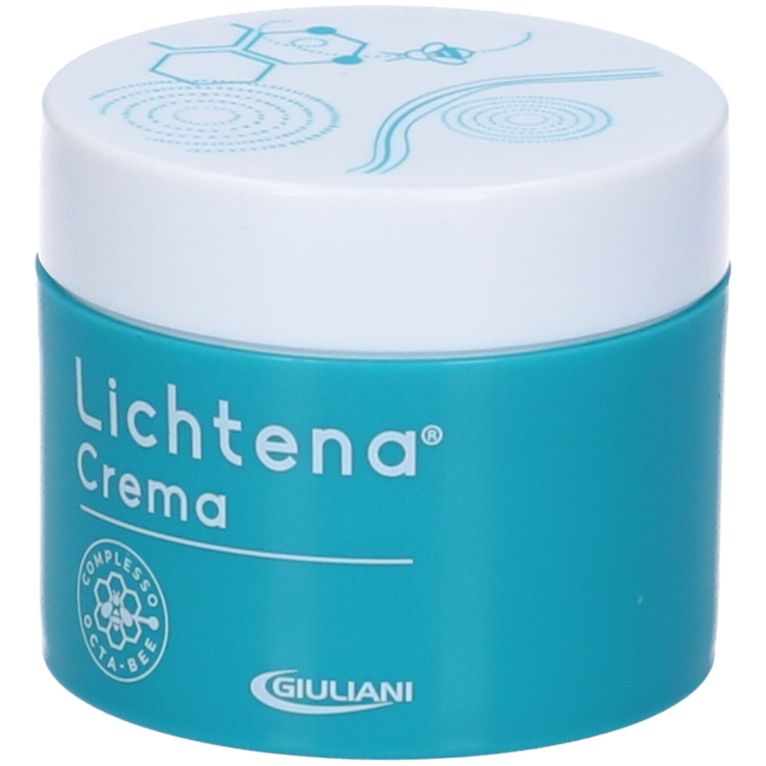 Türkisfarbene Creme-Dose mit weißem Deckel. Aufschrift: Lichtena Crema. Logo: OCTA-BEE. Hersteller: Giuliani.
