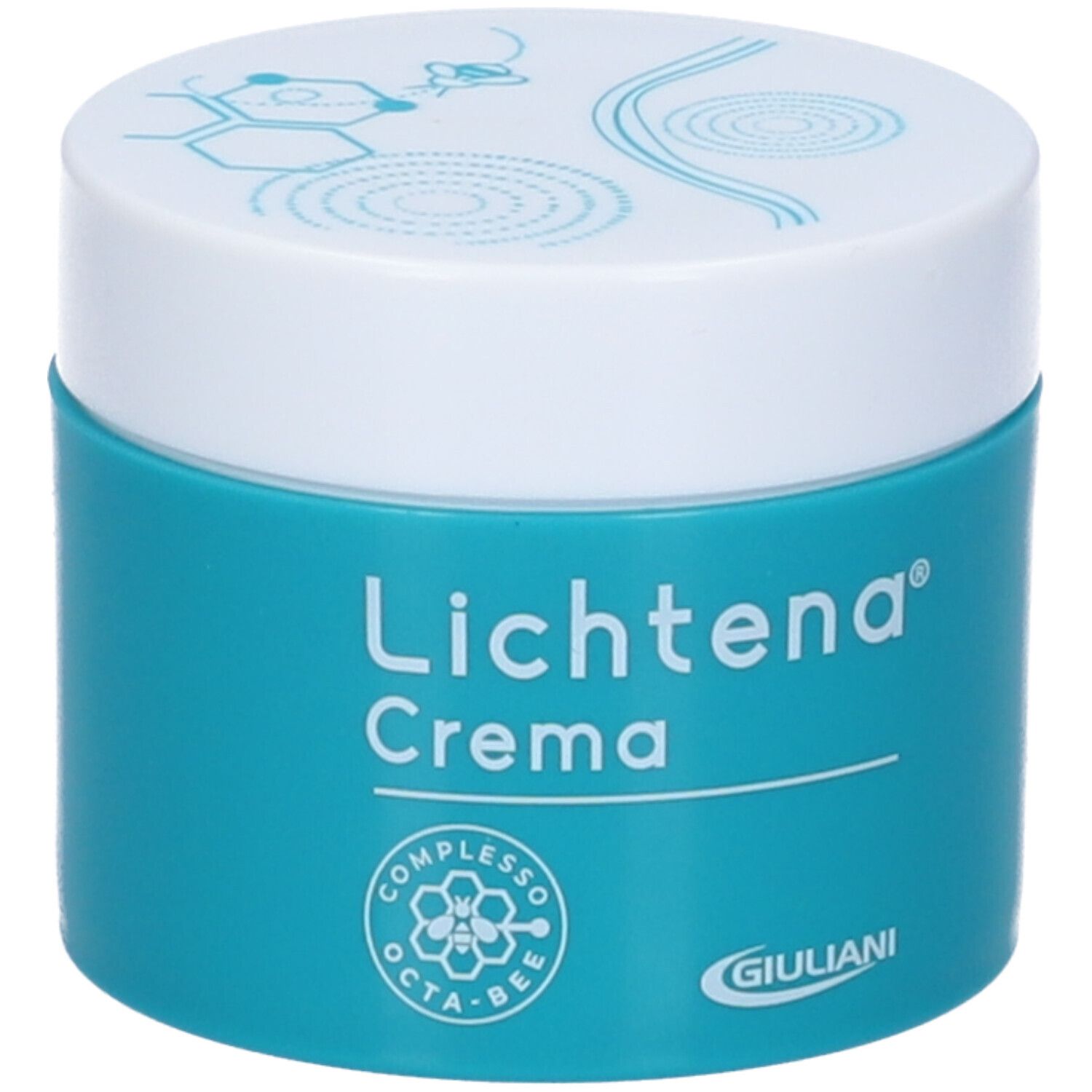 Türkisfarbene Creme-Dose mit weißem Deckel. Aufschrift: Lichtena Crema. Logo: OCTA-BEE. Hersteller: Giuliani.