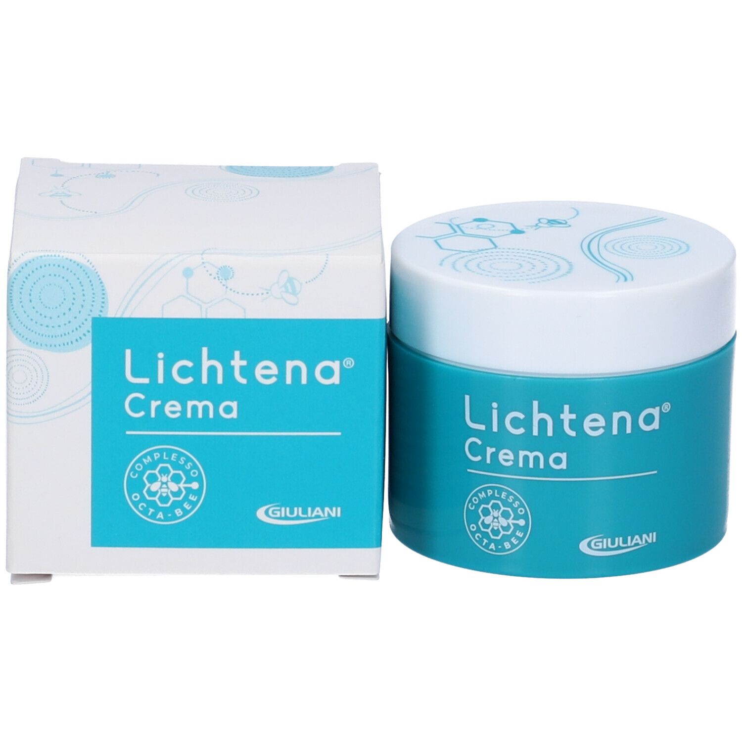 Creme-Dose und Schachtel. Aufschrift: Lichtena Crema. Logo: OCTA-BEE. Hersteller: Giuliani. Verpackung.