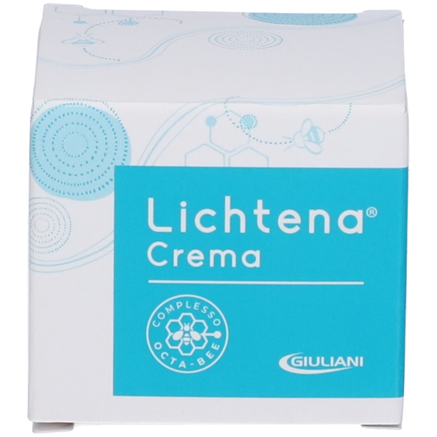 Schachtel. Aufschrift: Lichtena Crema. Logo: OCTA-BEE. Hersteller: Giuliani. Verpackung.
