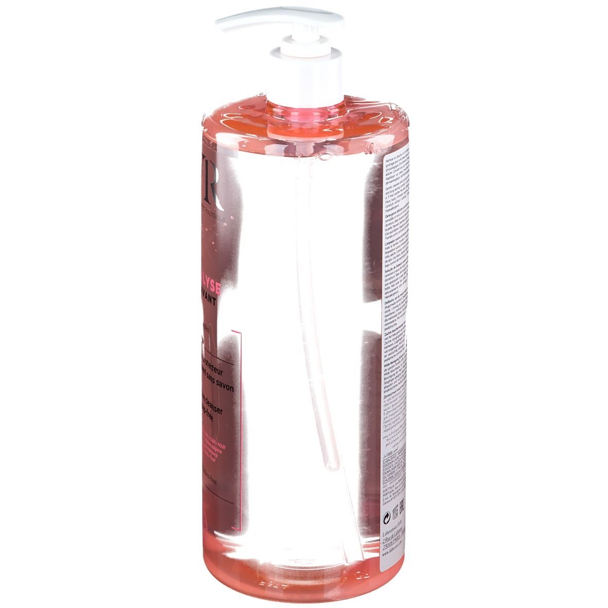 Flacone trasparente con liquido rosa e dosatore bianco. Retro con testo. Scritta: SVR, TOPIALYSE GEL LAVANT.