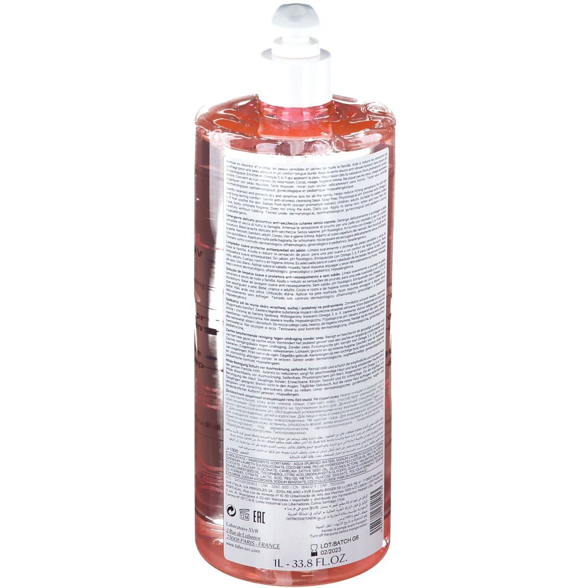 Grande flacone trasparente con liquido rosa e dosatore bianco. Retro con testo. Scritta: SVR, TOPIALYSE GEL LAVANT.