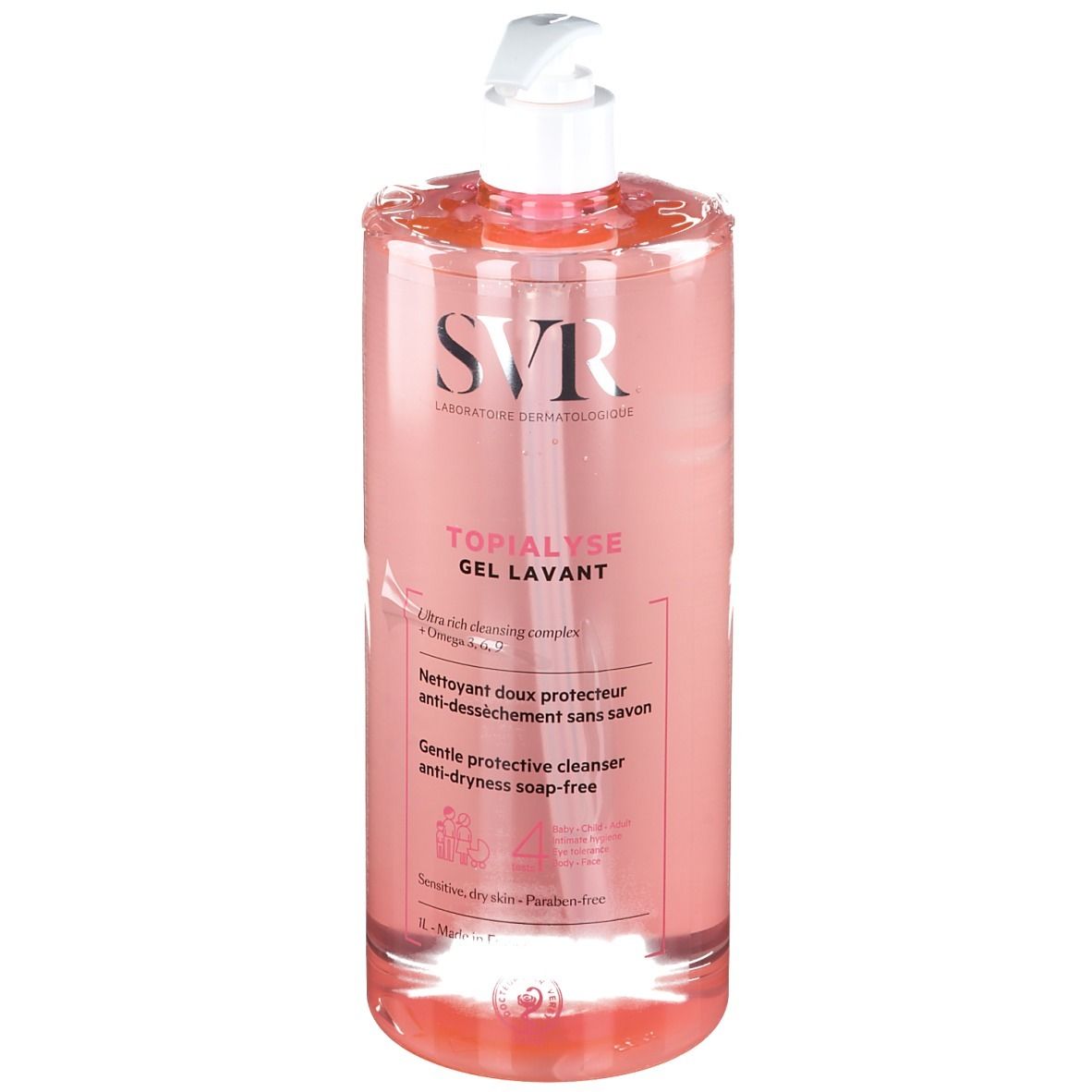 Grande flacone trasparente con liquido rosa e dosatore bianco. Scritta: SVR, TOPIALYSE GEL LAVANT.