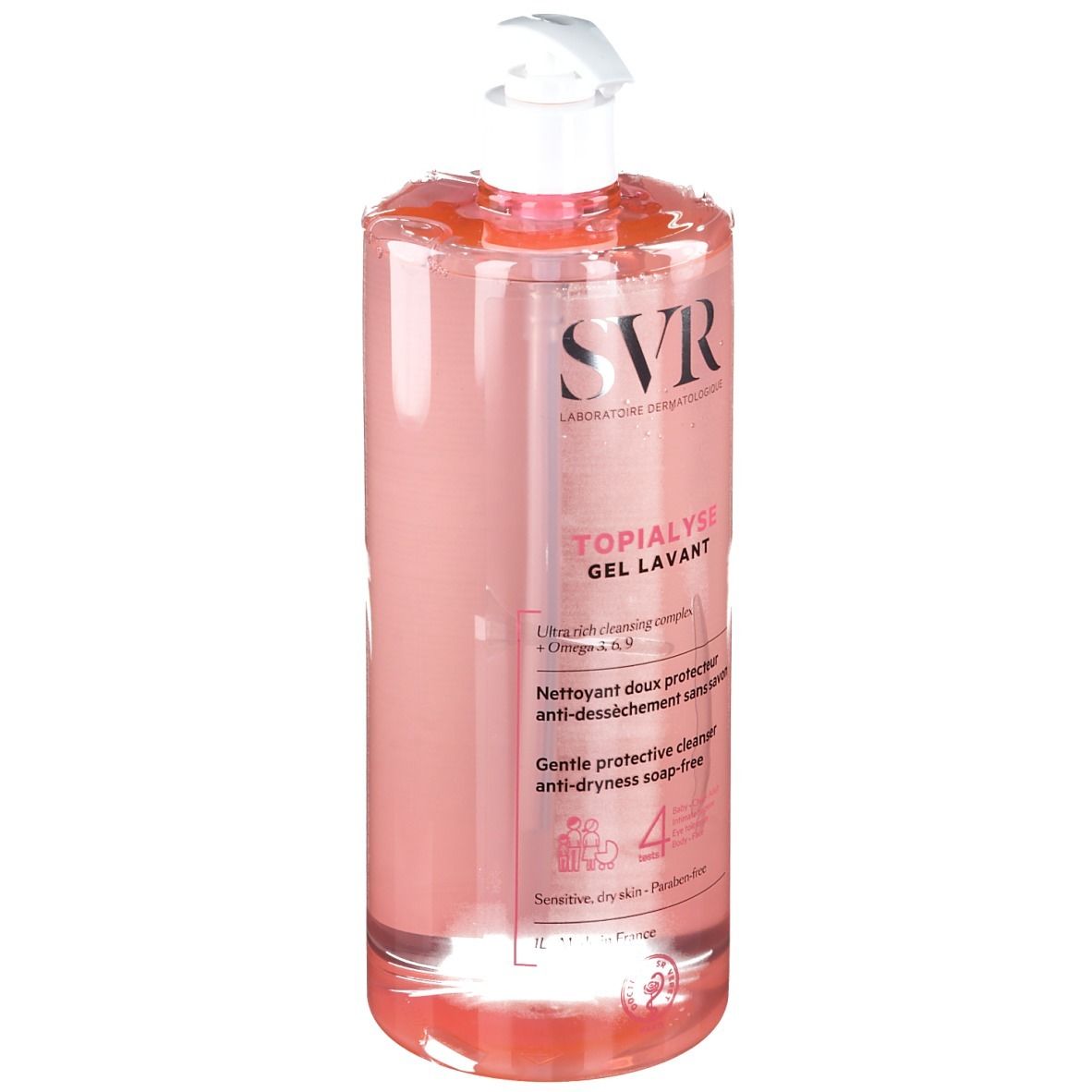 Grande flacone trasparente con liquido rosa e dosatore bianco. Scritta: SVR, TOPIALYSE GEL LAVANT.