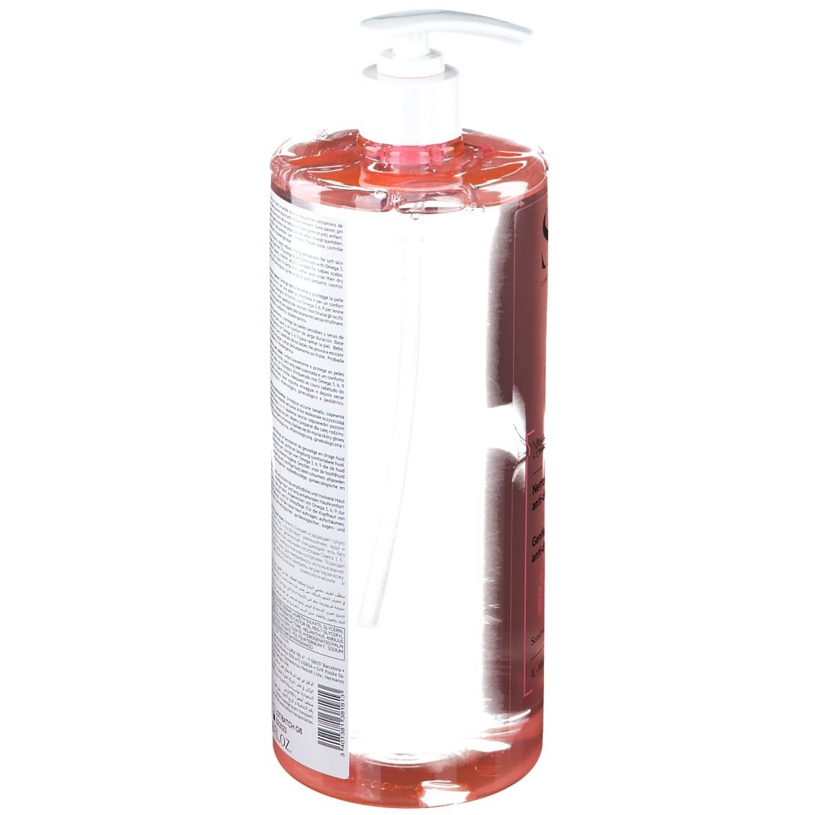 Flacone trasparente con liquido rosa e dosatore bianco. Retro con testo. Scritta: SVR, TOPIALYSE GEL LAVANT.