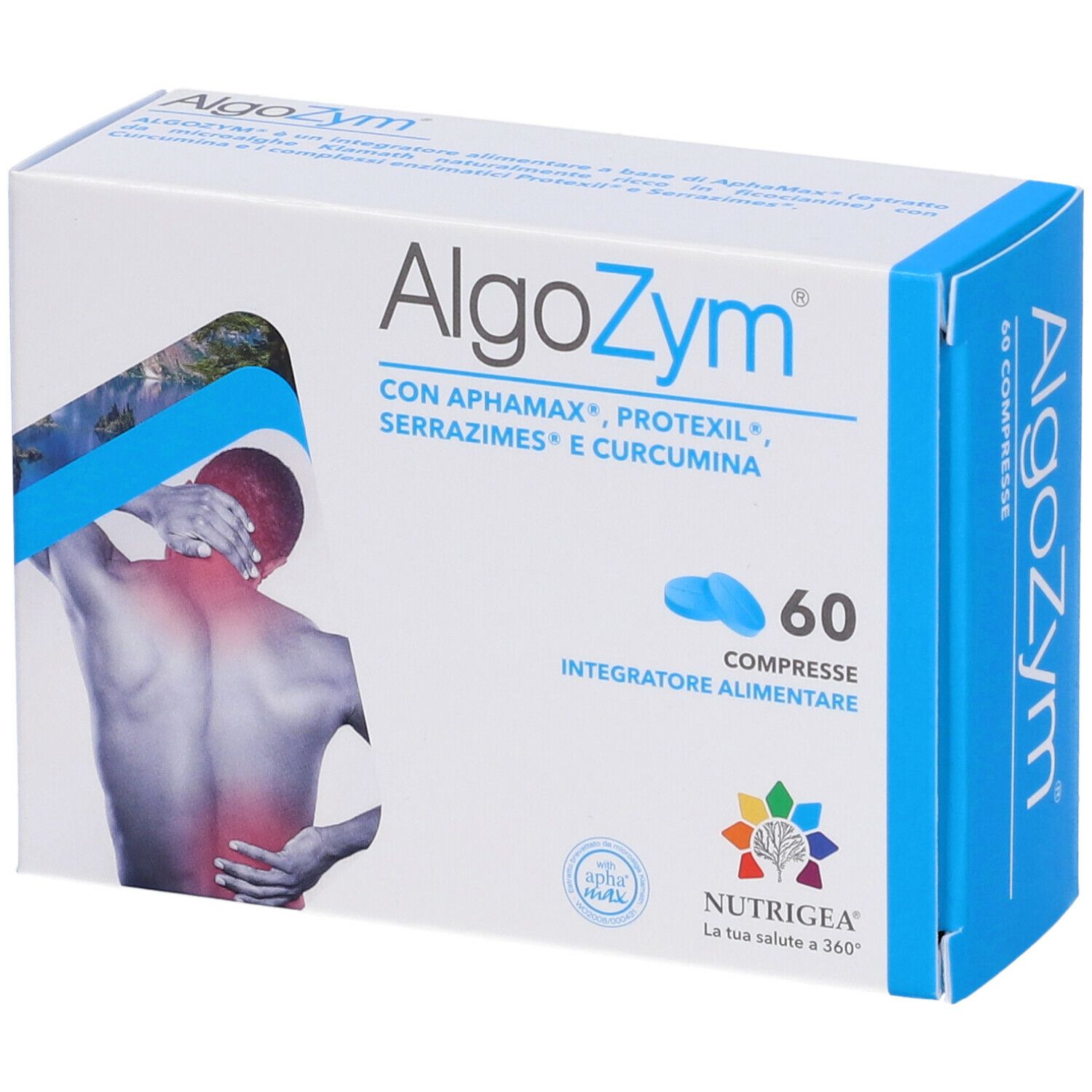 Scatola di compresse AlgoZym. Scritta: 60 compresse, Integratore Alimentare. Logo Nutrigea.