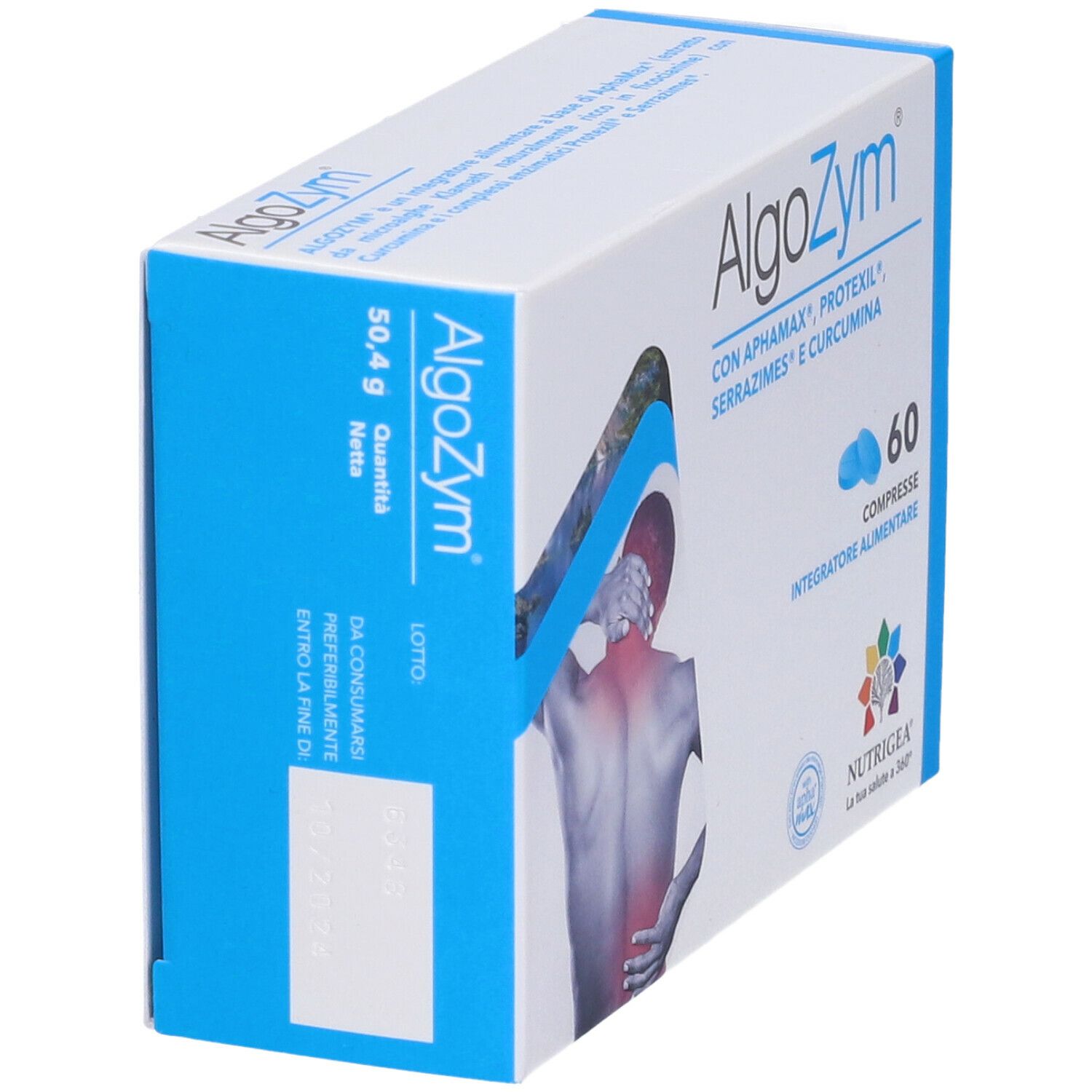 Scatola AlgoZym, 50,4 g. Scritta: 60 compresse. Logo Nutrigea. Immagine di una schiena.