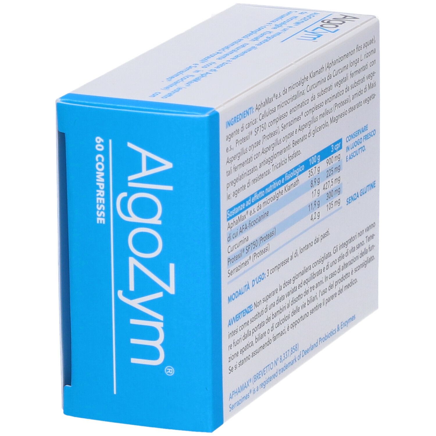 Scatola AlgoZym, 60 compresse. Scritta: 60 compresse. Logo Nutrigea. Vista posteriore.