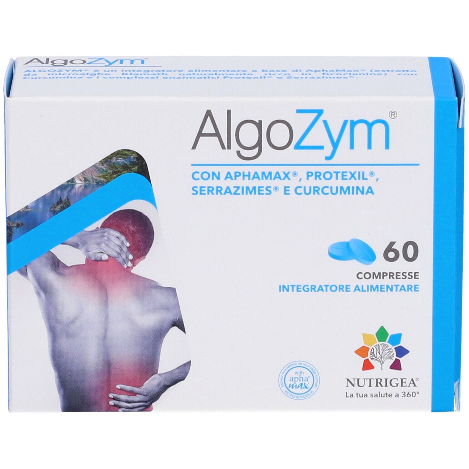 Scatola di compresse AlgoZym. Scritta: 60 compresse, Integratore Alimentare. Logo Nutrigea.