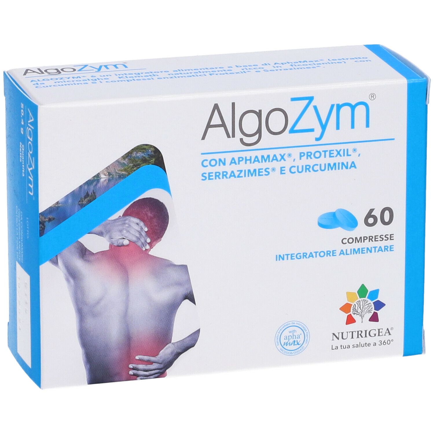 Scatola di compresse AlgoZym. Scritta: 60 compresse, Integratore Alimentare. Logo Nutrigea.
