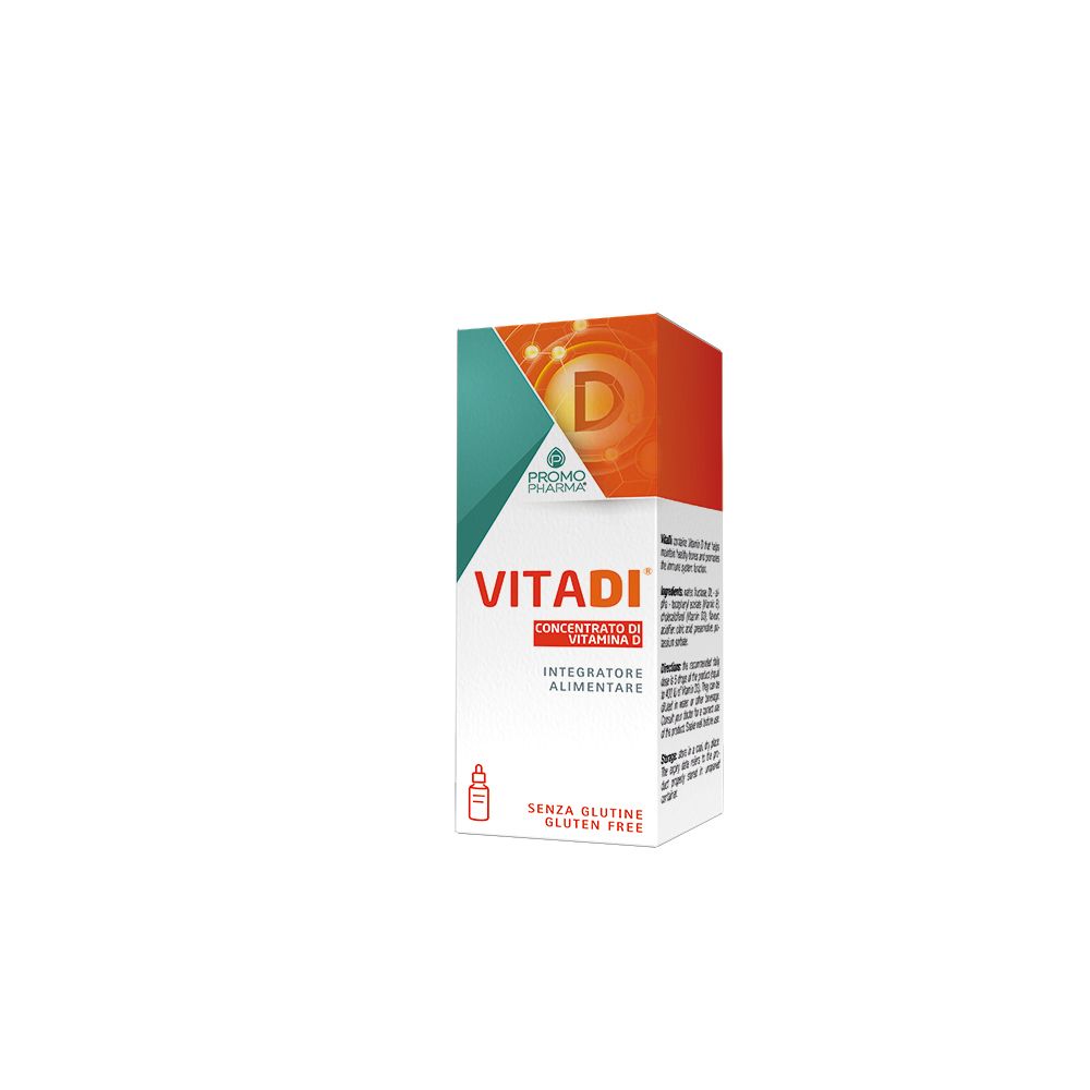 Vitadì concentrato di vitamina D. Scatola bianca con nome e logo del prodotto. Senza glutine.