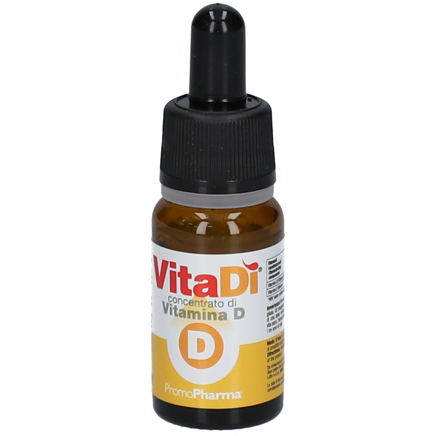 Flacone di vetro marrone con contagocce nero. Vitadì concentrato di vitamina D. Logo PromoPharma.