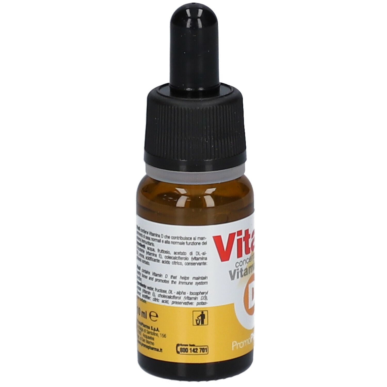 Flacone di vetro marrone con contagocce nero. Vitadì concentrato di vitamina D. Informazioni sul prodotto.