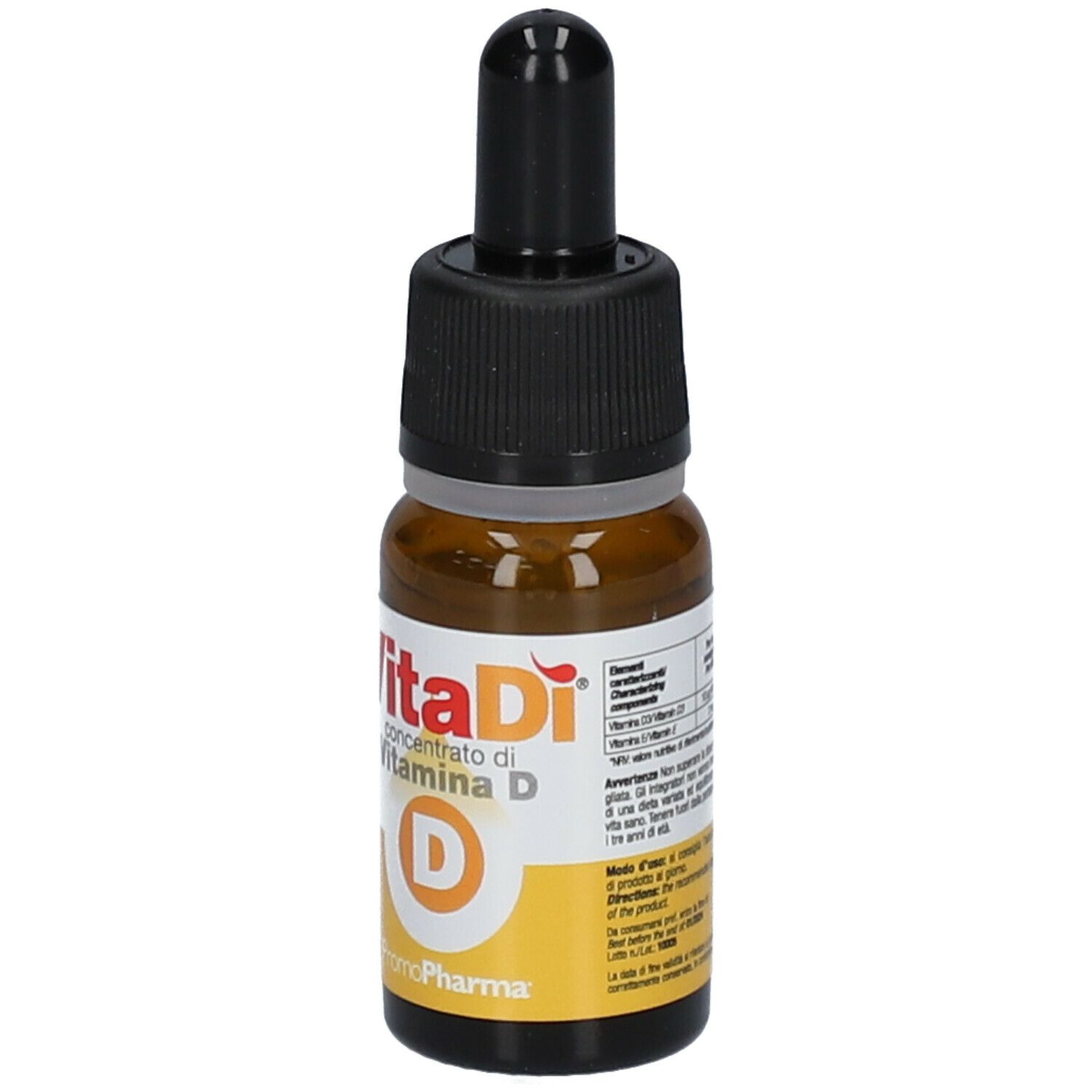 Flacone di vetro marrone con contagocce nero. Vitadì concentrato di vitamina D. Logo PromoPharma.