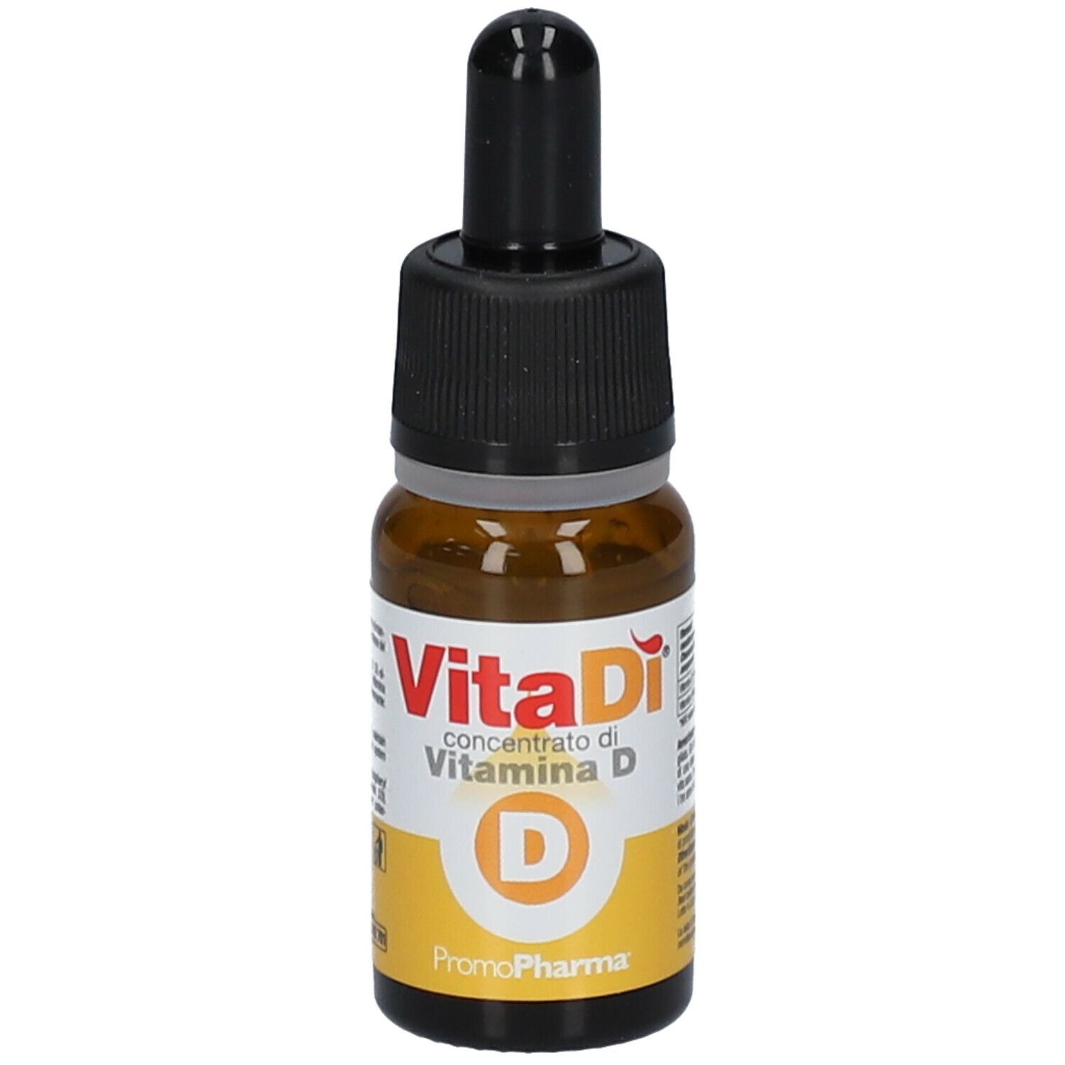 Flacone di vetro marrone con contagocce nero. Vitadì concentrato di vitamina D. Logo PromoPharma.