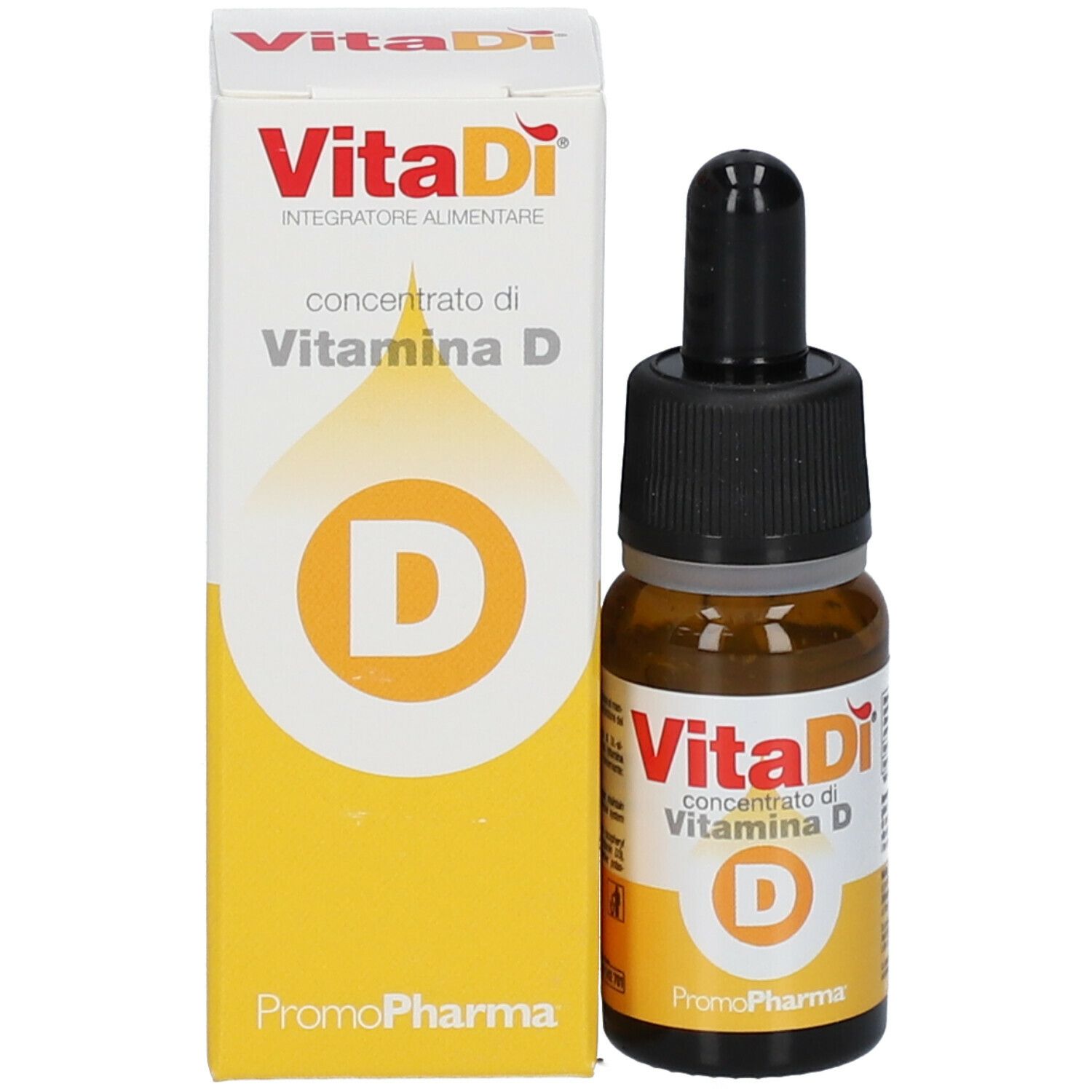 Flacone e scatola Vitadì concentrato di vitamina D. Logo PromoPharma. Contagocce.