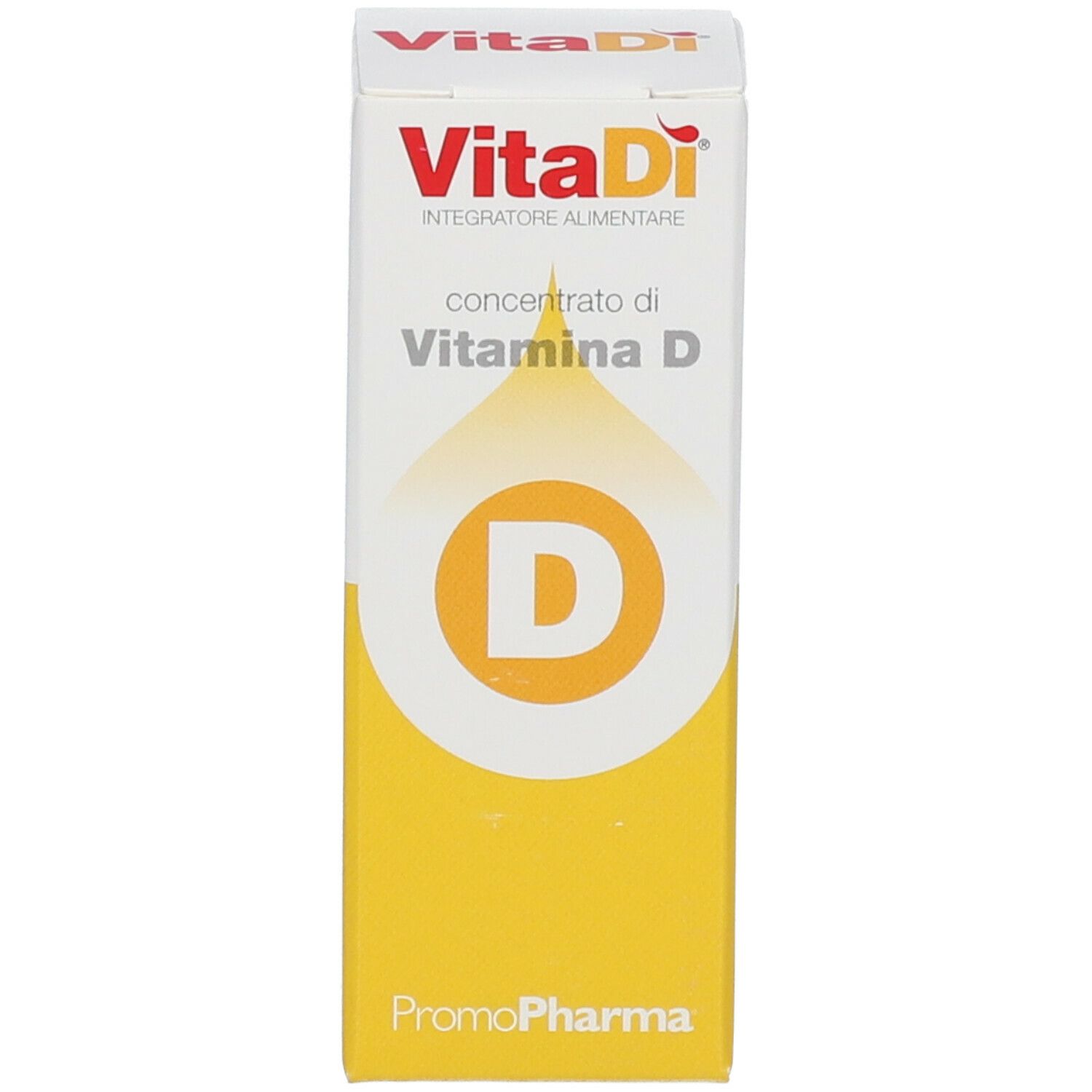 Scatola Vitadì concentrato di vitamina D. Logo PromoPharma. Informazioni sul prodotto.