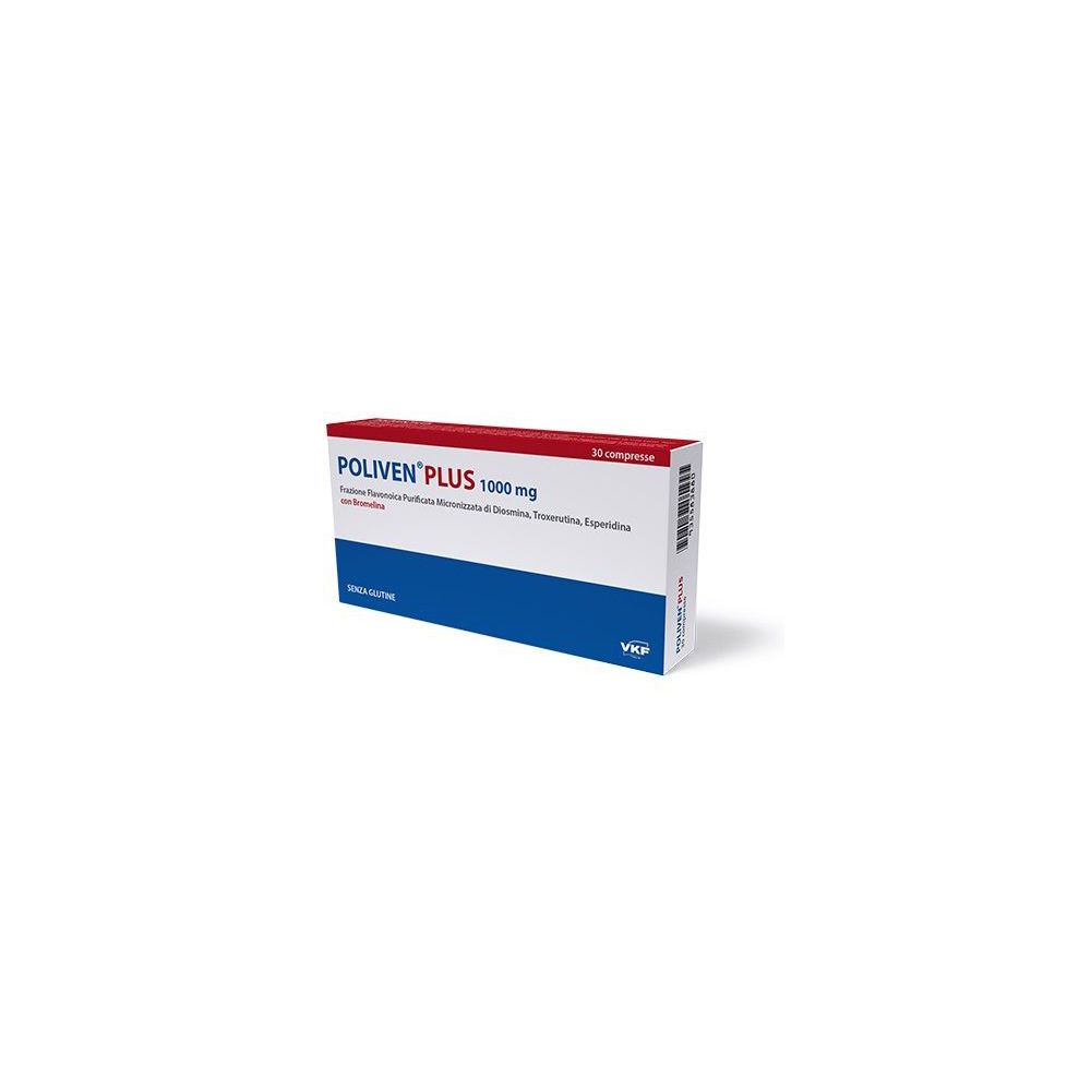 Scatola di POLIVEN PLUS 1000 mg. Confezione blu e rossa con informazioni sul prodotto. Logo VKB.