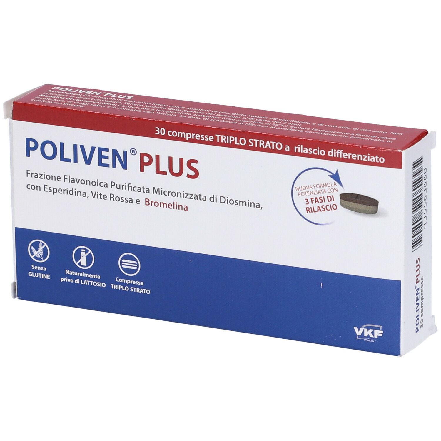 Scatola POLIVEN PLUS con 30 compresse. Confezione blu e rossa. Contiene informazioni su ingredienti e caratteristiche.