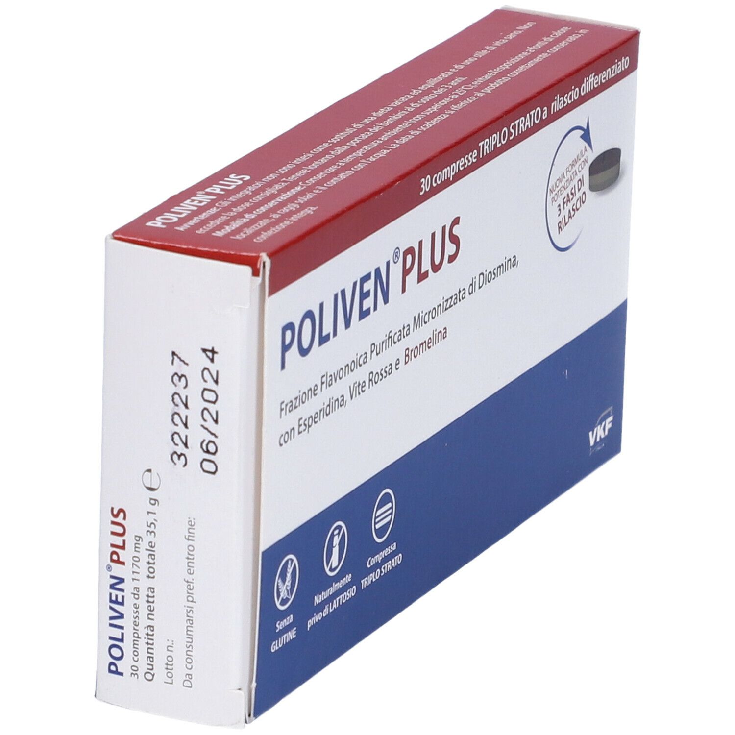 Scatola POLIVEN PLUS, in diagonale. Confezione blu e rossa con informazioni sul prodotto. Contiene 30 compresse.