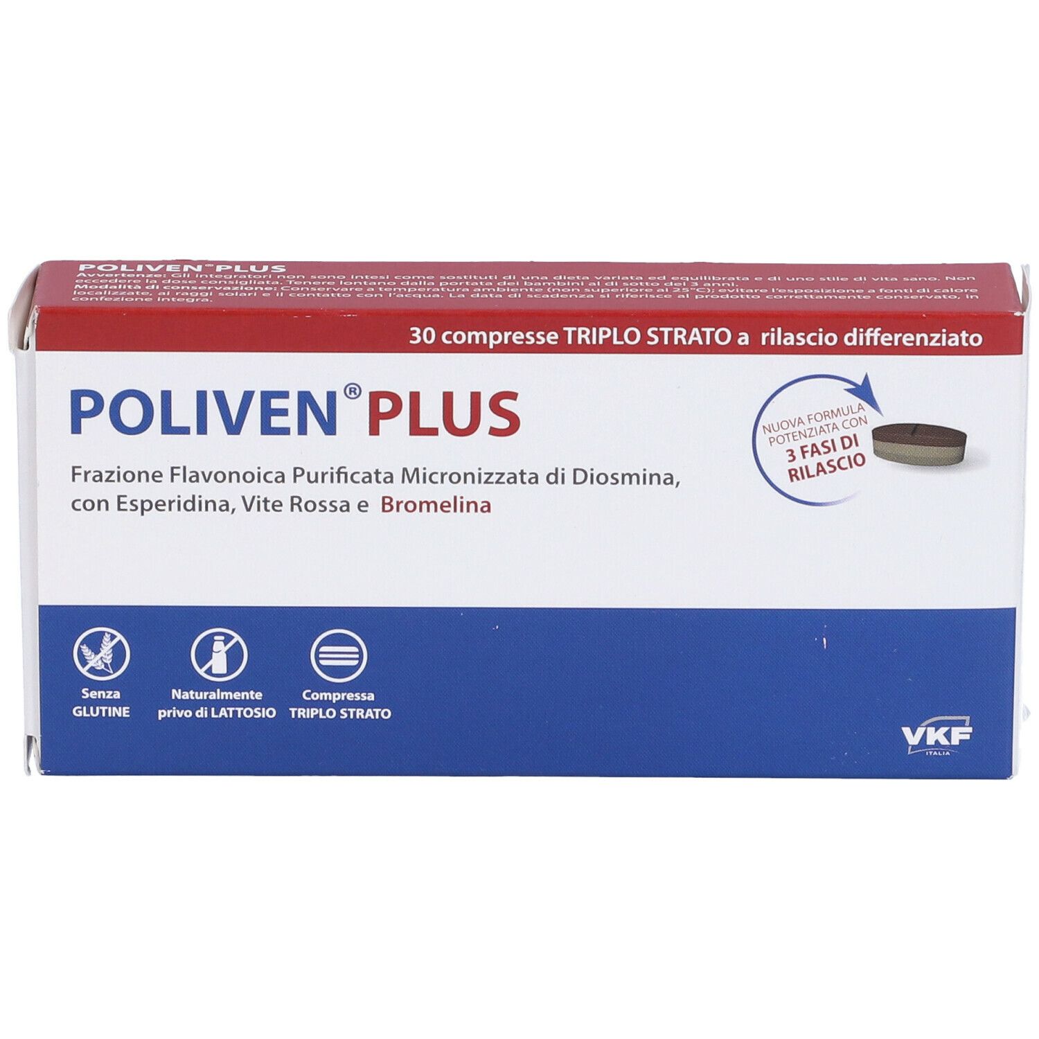 Scatola POLIVEN PLUS con 30 compresse. Confezione blu e rossa. Contiene informazioni su ingredienti e caratteristiche.