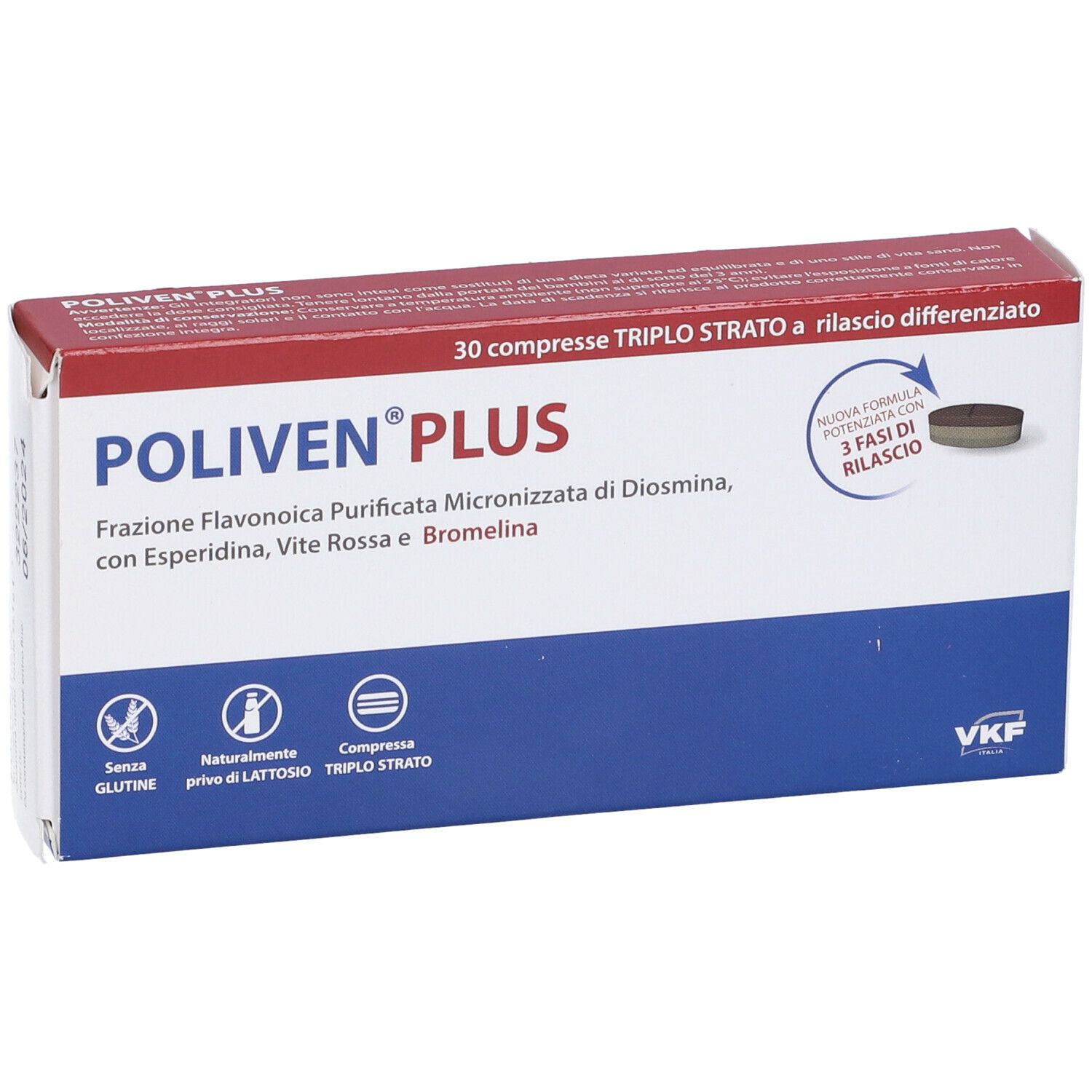 Scatola POLIVEN PLUS. Confezione blu e rossa. Contiene informazioni su ingredienti e caratteristiche. Logo VKB.