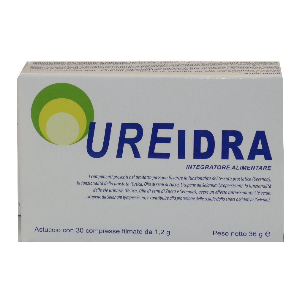 Scatola bianca con logo verde e scritta UREIDRA. Testo: Integratore Alimentare. Contiene 30 compresse filmate.