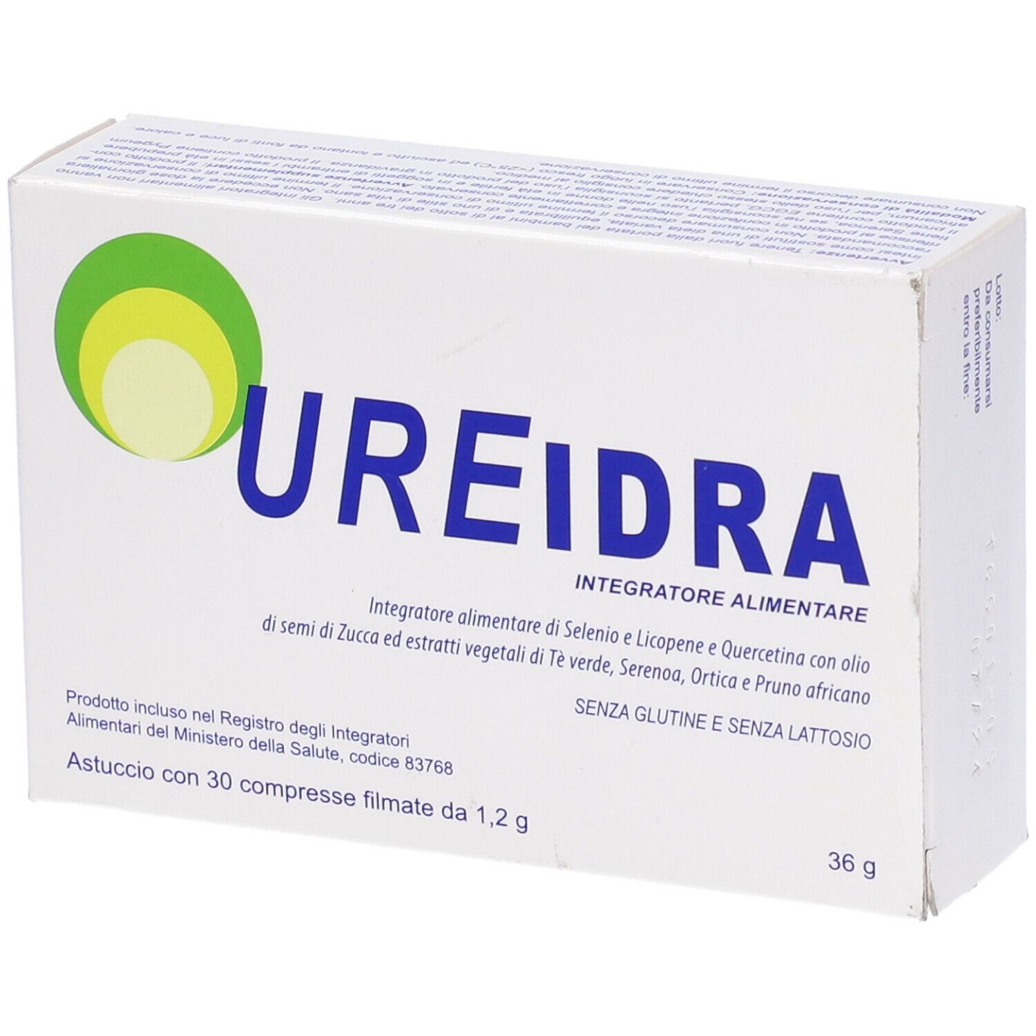 Scatola bianca con logo verde e scritta UREIDRA. Testo: Integratore Alimentare. Senza glutine e senza lattosio.