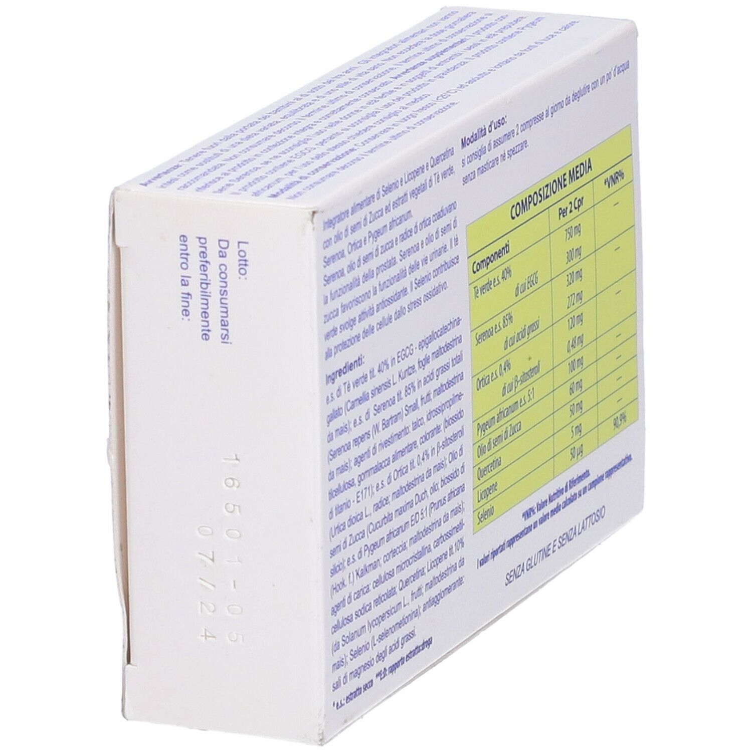 Retro della scatola bianca con informazioni e data di scadenza. Testo: Ingredienti, Senza glutine e senza lattosio.